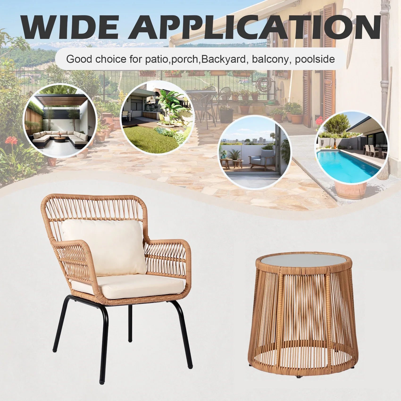 2026 New Tappio 3-Piece Patio Conversation Bistro Set Rattan Furniture, Outdoor Patio Set w/Glass Top Table & Cushions for Garden Balcony Backyard Poolside, Yellow/Beige - Image 10