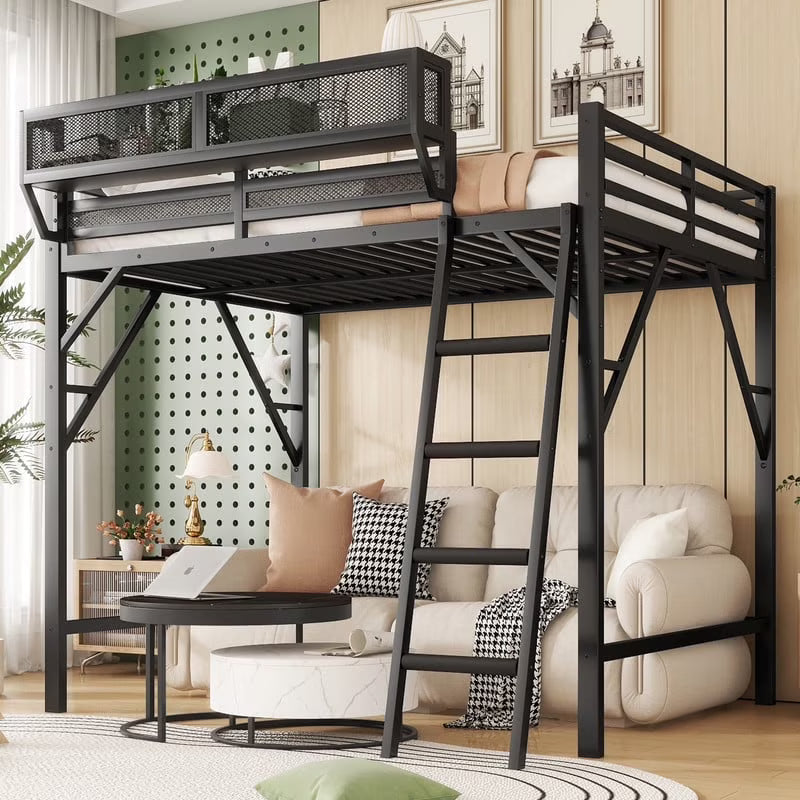 2026 New Duxelifin Queen Size Metal Loft Bed Frame, Heavy Duty Steel High Loft Bed with Storage Shelves & Ladder, Space-Saving Loft Bed for Apartments, Adults, Teens & Juniors (Black)