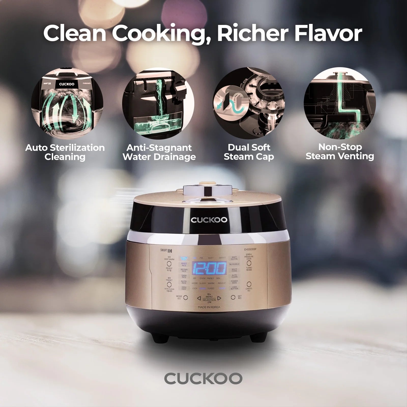 2026 New Cuckoo 3 Cup Dry Induction Heating Pressure Rice Cooker with Micom Logic Tech, Nonstick Pot, Warmer, 16 Menu Modes and Voice Guide in Gold (CRP-EHSS0309FG) - Image 4