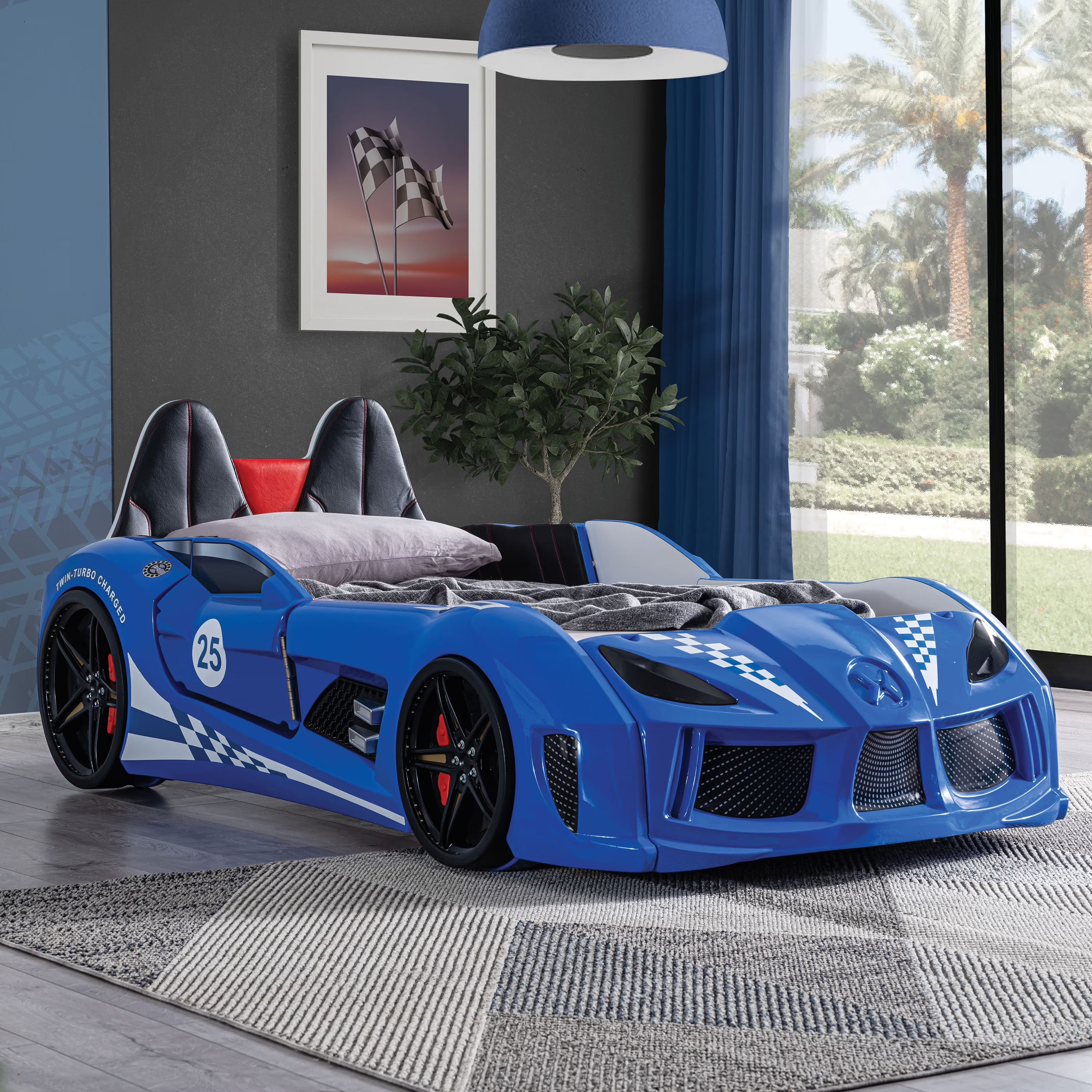 2026 New Furniture of America Dash Kids Plastic Twin Race Car Bed with LED and Sound, White - Image 5