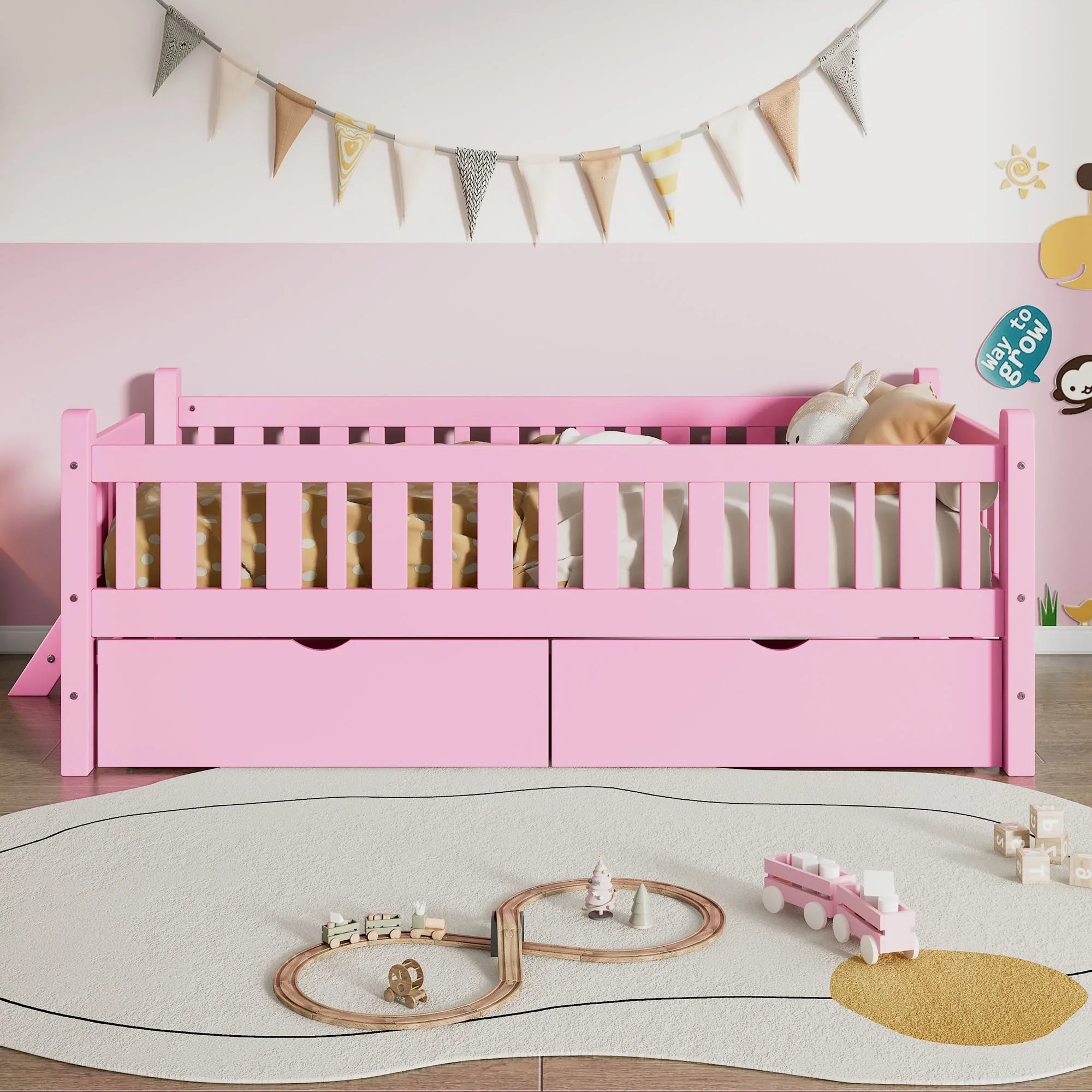 2026 New Euroco Wood Twin Size Platform Bed with 2 Drawers and Ladder for Kids and Toddlers, White - Image 13