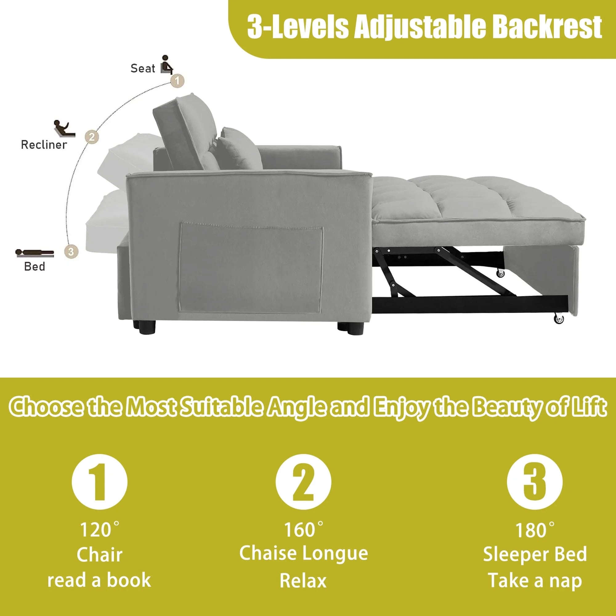 2026 New Convertible Sofa Bed,3-in-1 Sleeper Sofa with Pull Out Bed,Velvet Highly Elastic Sponge Futon Couch Loveseat with Adjustable Backrest and 2 Pillows for Living Room,Gray - Image 12