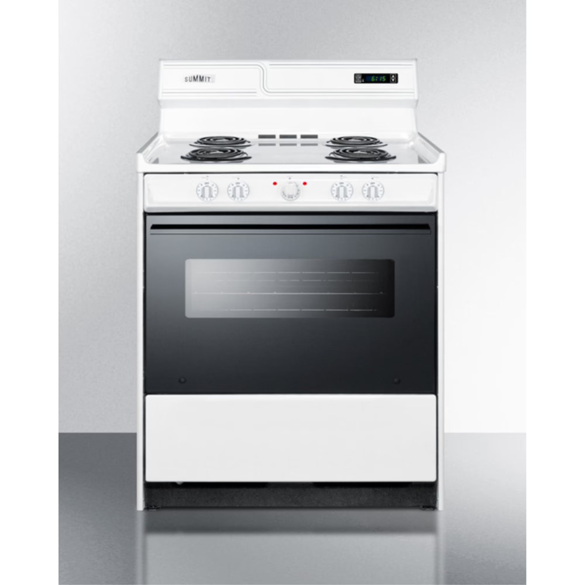 2026 New 30" wide electric coil top range in white with black door, oven window, and high backguard