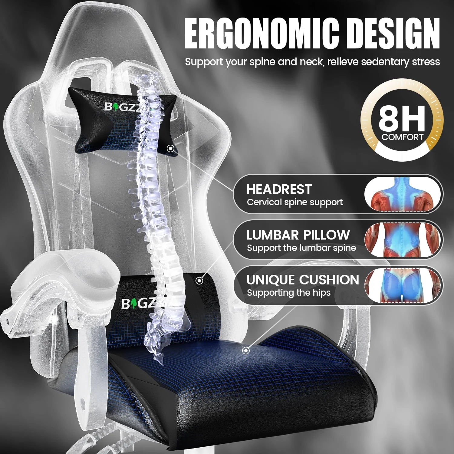 2026 New Bigzzia Gaming Chair Office Chair, Ergonomic Game Chair with Height Adjustable Headrest and Lumbar Support for Adults Teens, Black & White - Image 85