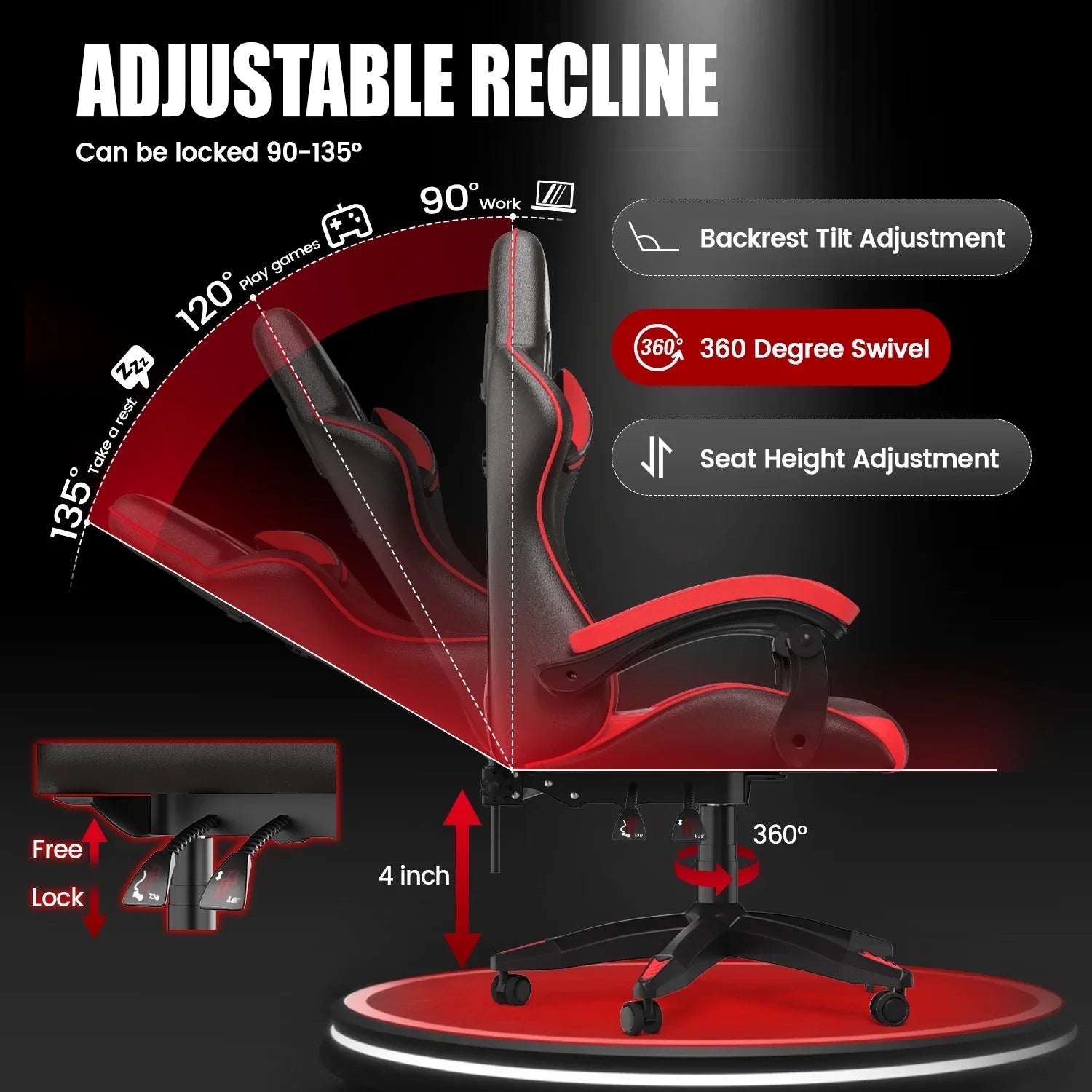 2026 New Bigzzia Gaming Chair Office Chair, Ergonomic Game Chair with Height Adjustable Headrest and Lumbar Support for Adults Teens, Black & White - Image 48