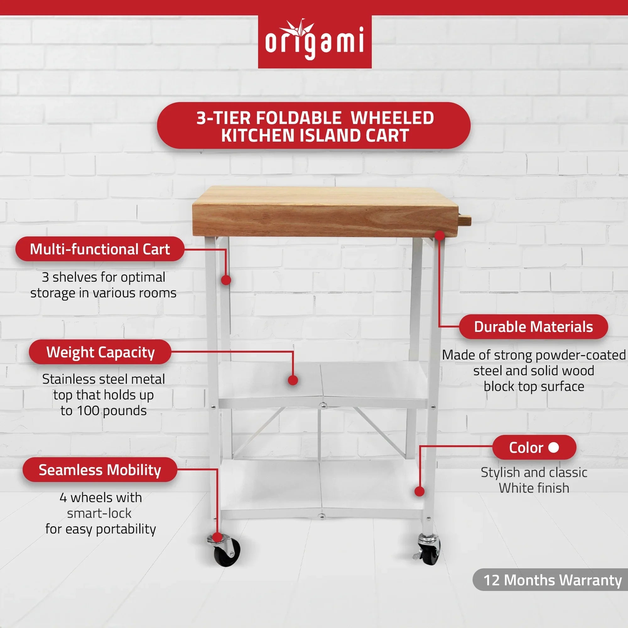 2026 New Origami Foldable Wheeled Portable Solid Wood Top Kitchen Island Bar Cart - Image 25