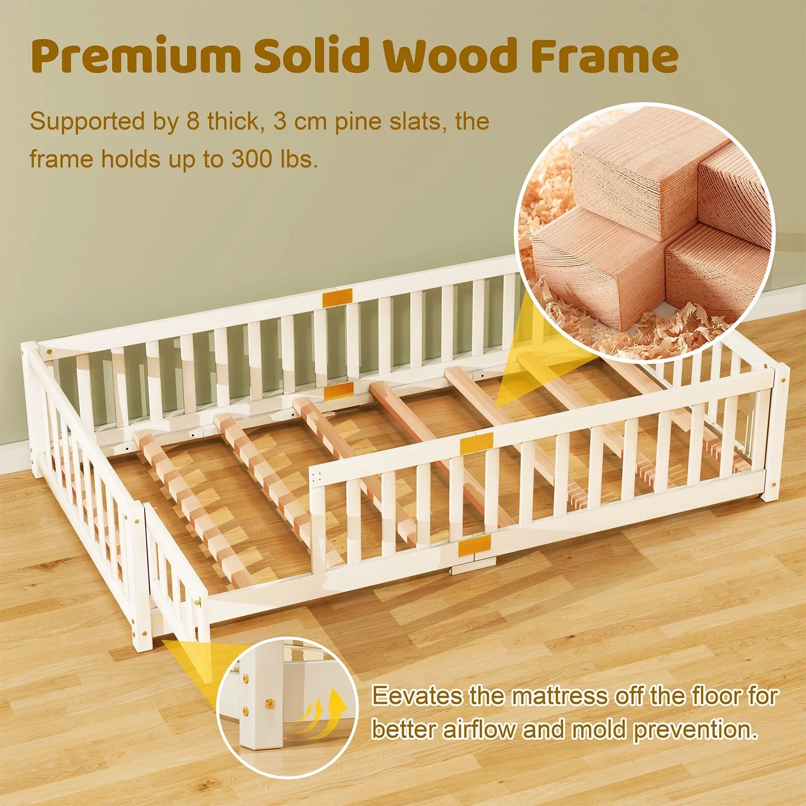 2026 New Slsy Twin Size Toddler Floor Bed, Solid Wood Montessori Bed Frame with Fence & Door Montessori Floor Bed Crib with Safety Guardrails for Girls and Boys - Image 10