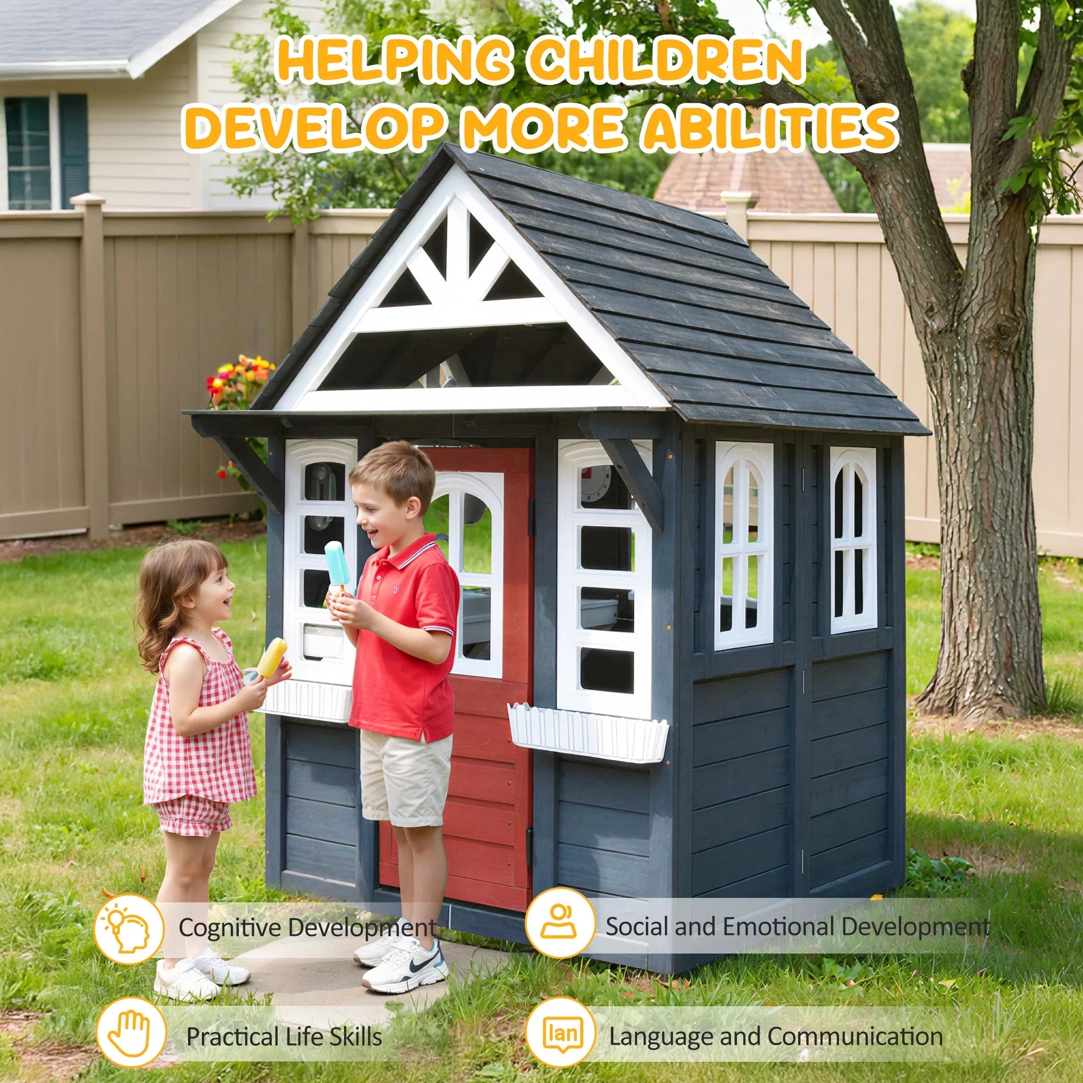 2026 New COCLUB Outdoor Playhouse for Kids Ages 4-8, Wooden Play House with Doorbell, Phone, Kitchen Toys, Outdoor Kids Play Equipment, Casa Para Niñas (45”L x 65”H), White & Black - Image 14
