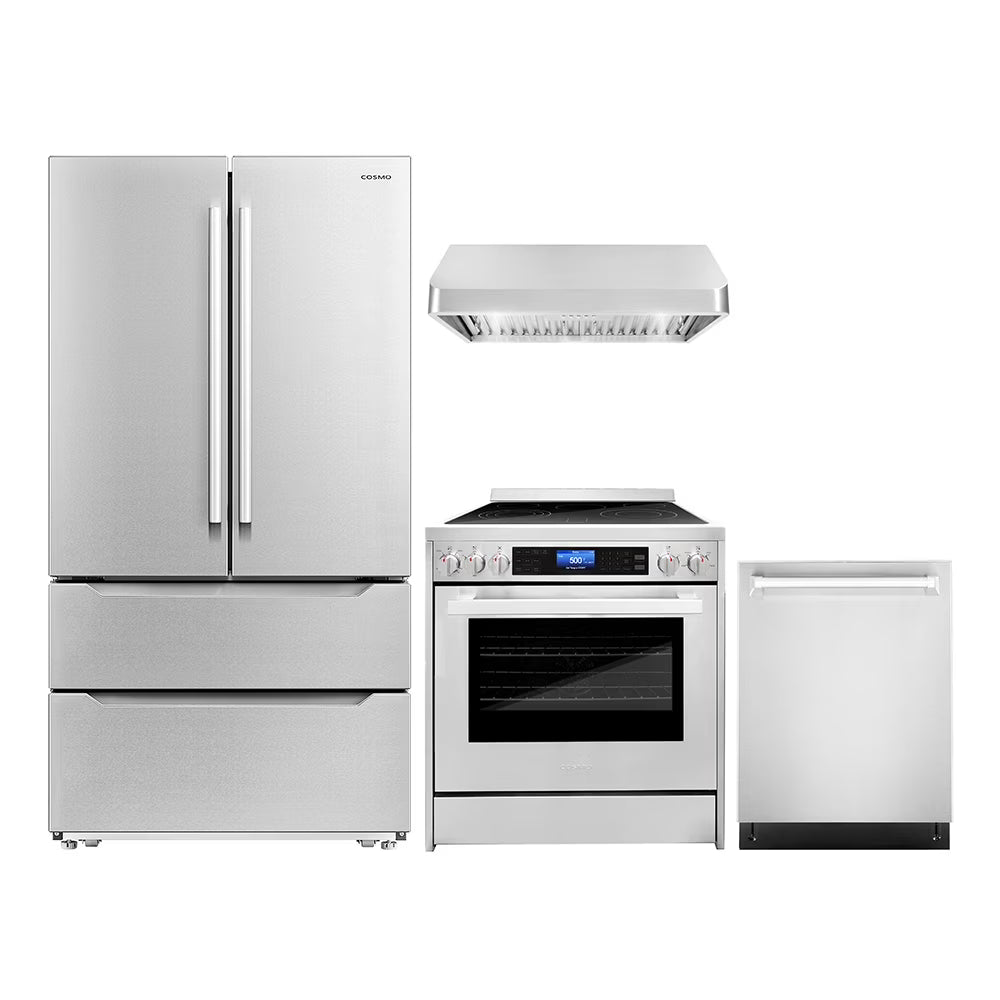 2026 New Cosmo 4 Piece Kitchen Appliance Package with 30" Freestanding Electric Range 30" Under Cabinet Range Hood 24" Built-in Integrated Dishwasher & French Door Refrigerator Kitchen Appliance Bundles