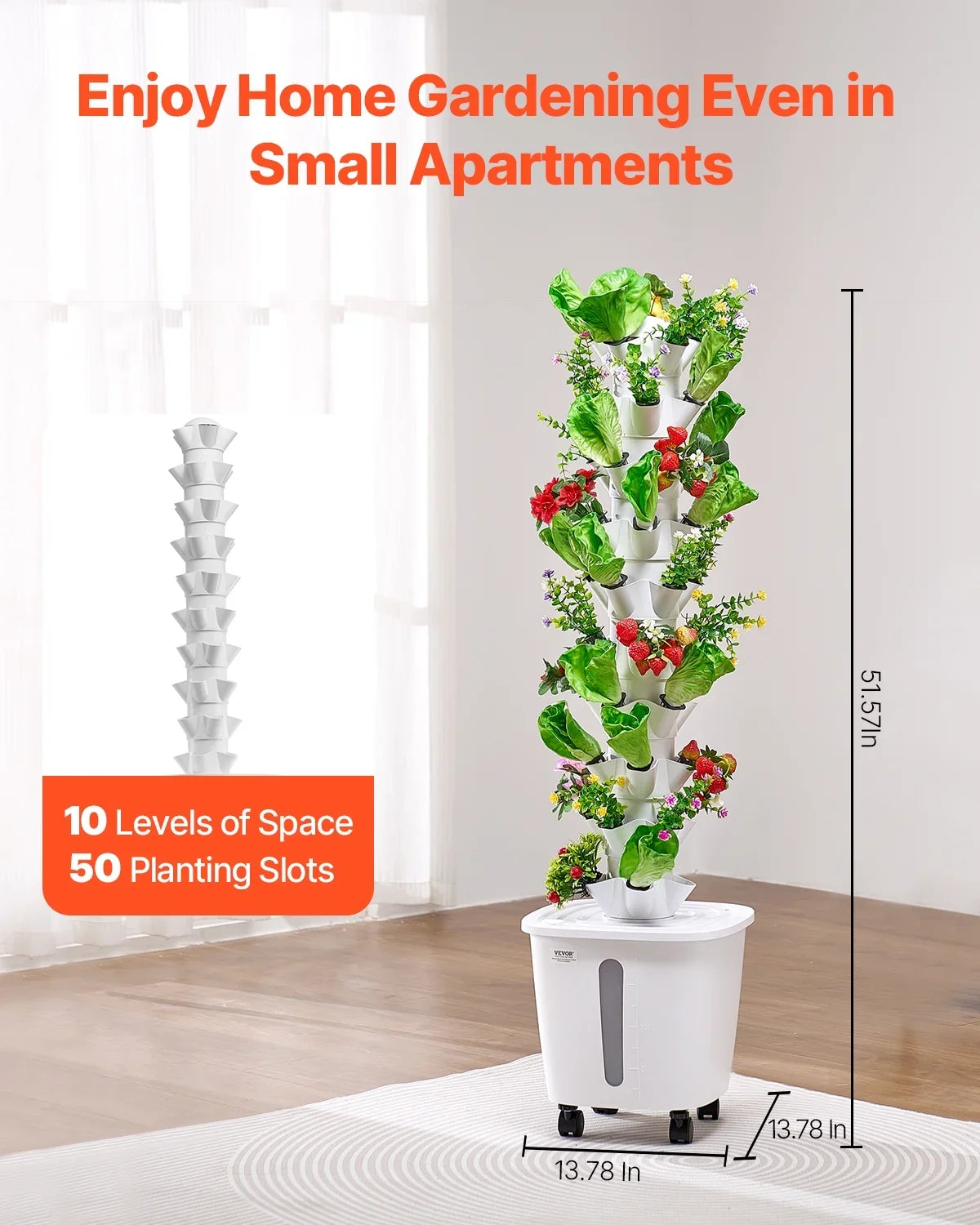 2026 New VEVOR Hydroponic Growing System, 50 Pods Vertical 10 Tiers Hydroponic Tower, Rolling Hydronic Garden with Water Pump & Wheels, Indoor Plants Germination Kit for Herbs Fruits & Vegetables - Image 2