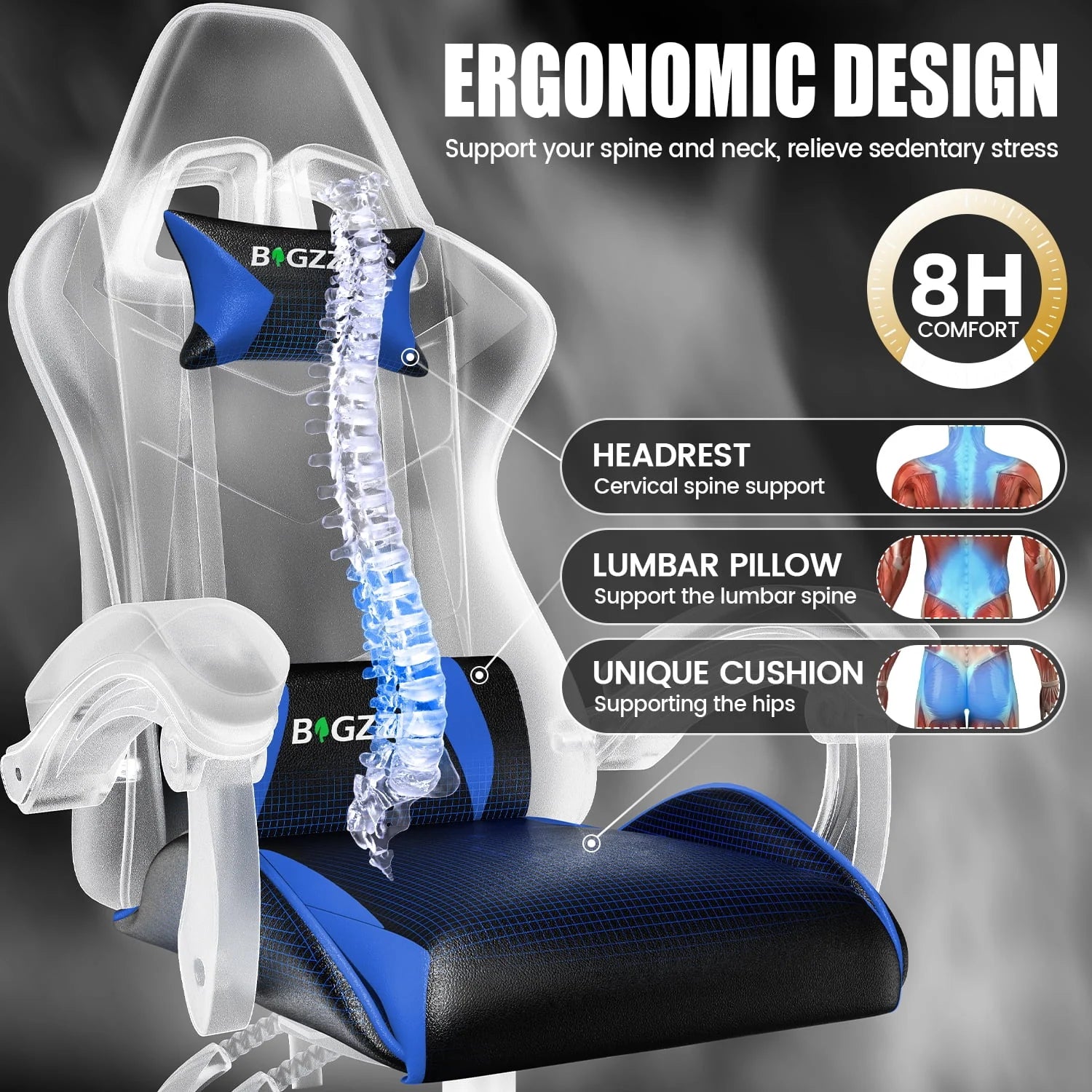 2026 New Bigzzia Gaming Chair Office Chair, Ergonomic Game Chair with Height Adjustable Headrest and Lumbar Support for Adults Teens, Black & White - Image 72