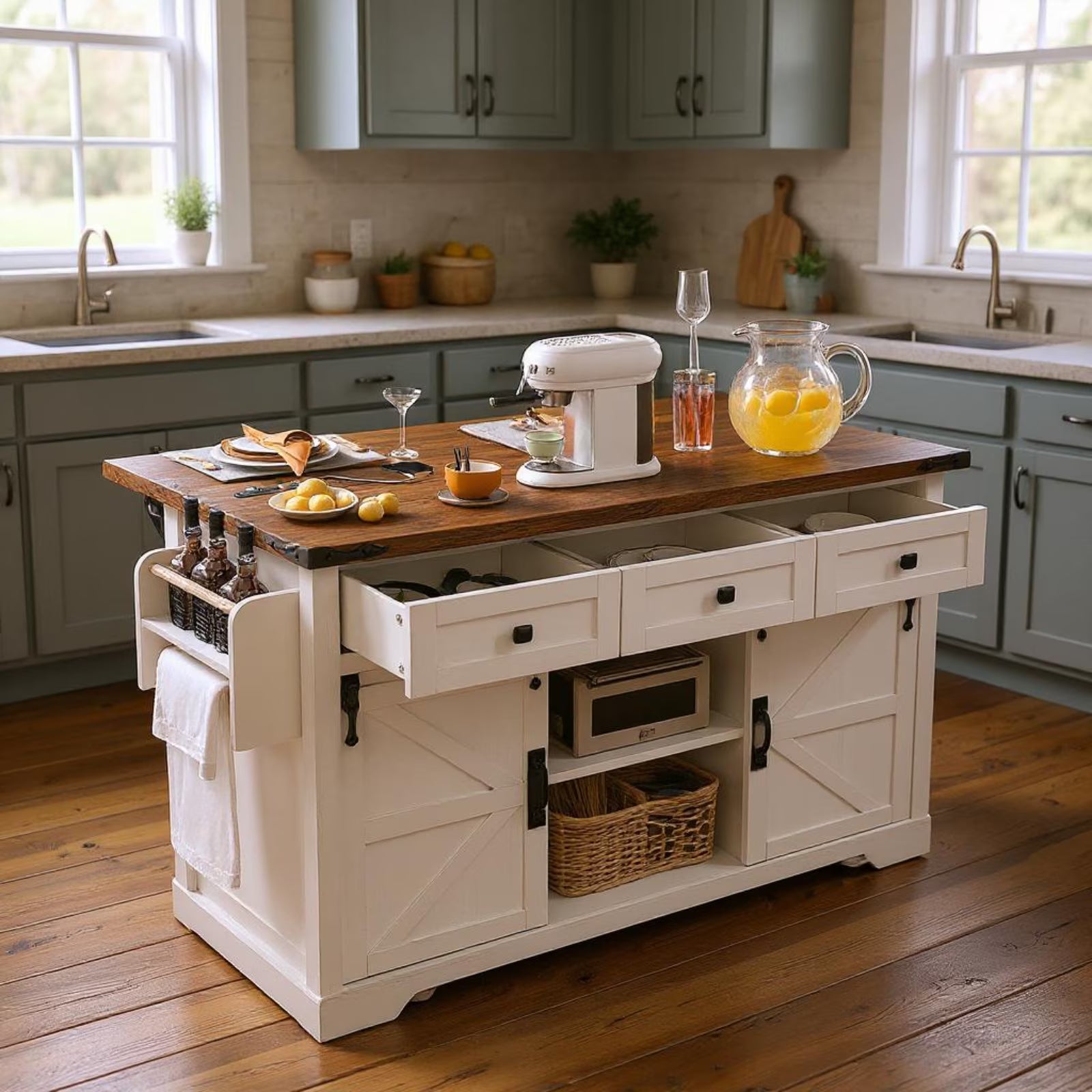 2026 New Homy Casa Farmhouse 53.7" Kitchen Island with Storage Cabinet, Sliding Barn Doors, and Wheels, White Oak