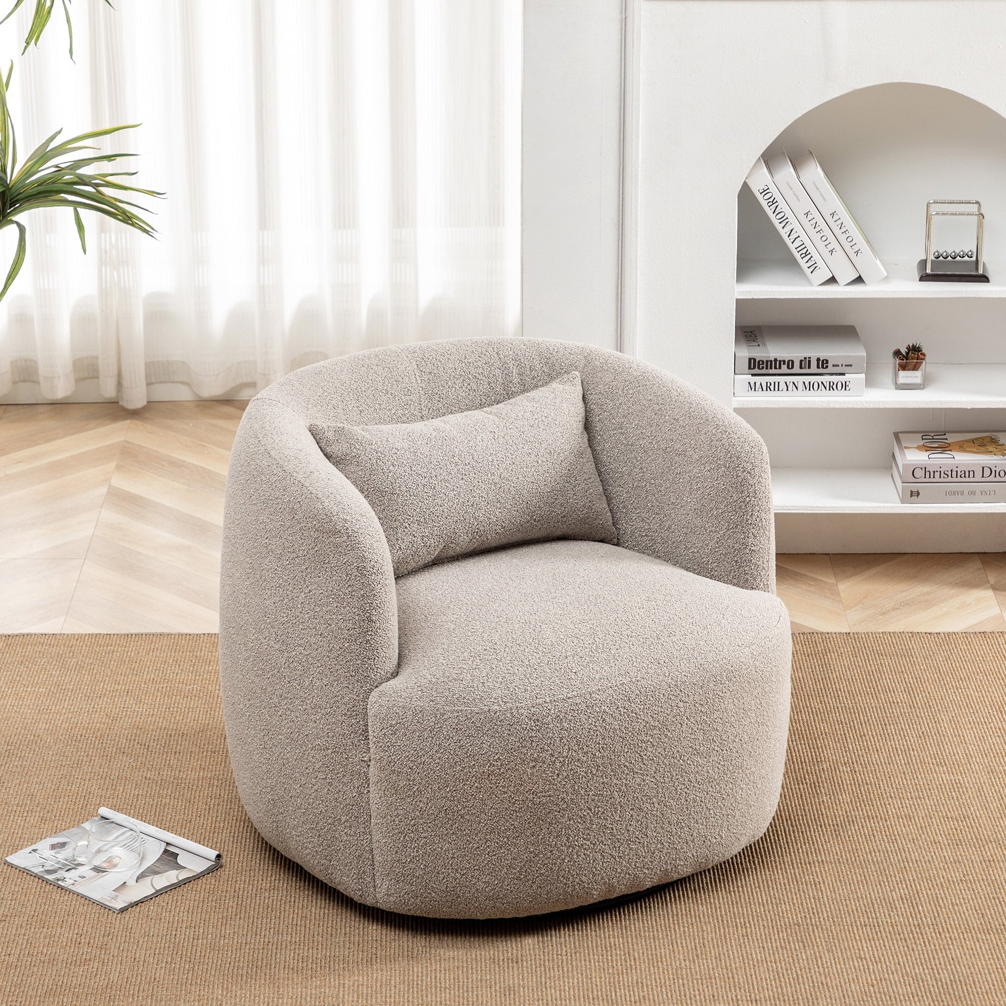 2026 New 34" Wide Boucle Swivel Barrel Chair, No Assembly Round Upholstered Armchair Accent Chair Single Sofa Chair with Toss Pillow for Living Room and Bedroom, Taupe - Image 8