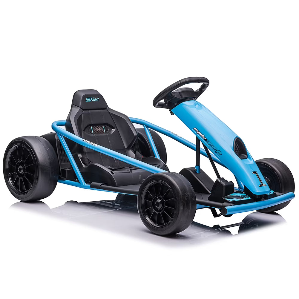 2026 New Simzone Go Kart for Kids 24V Battery 300WX2 Motors Pedal On Foot Go Cart 8MPH High Speed Drifting Car with Slow Start Function Music Elastic Durable Tires, Blue