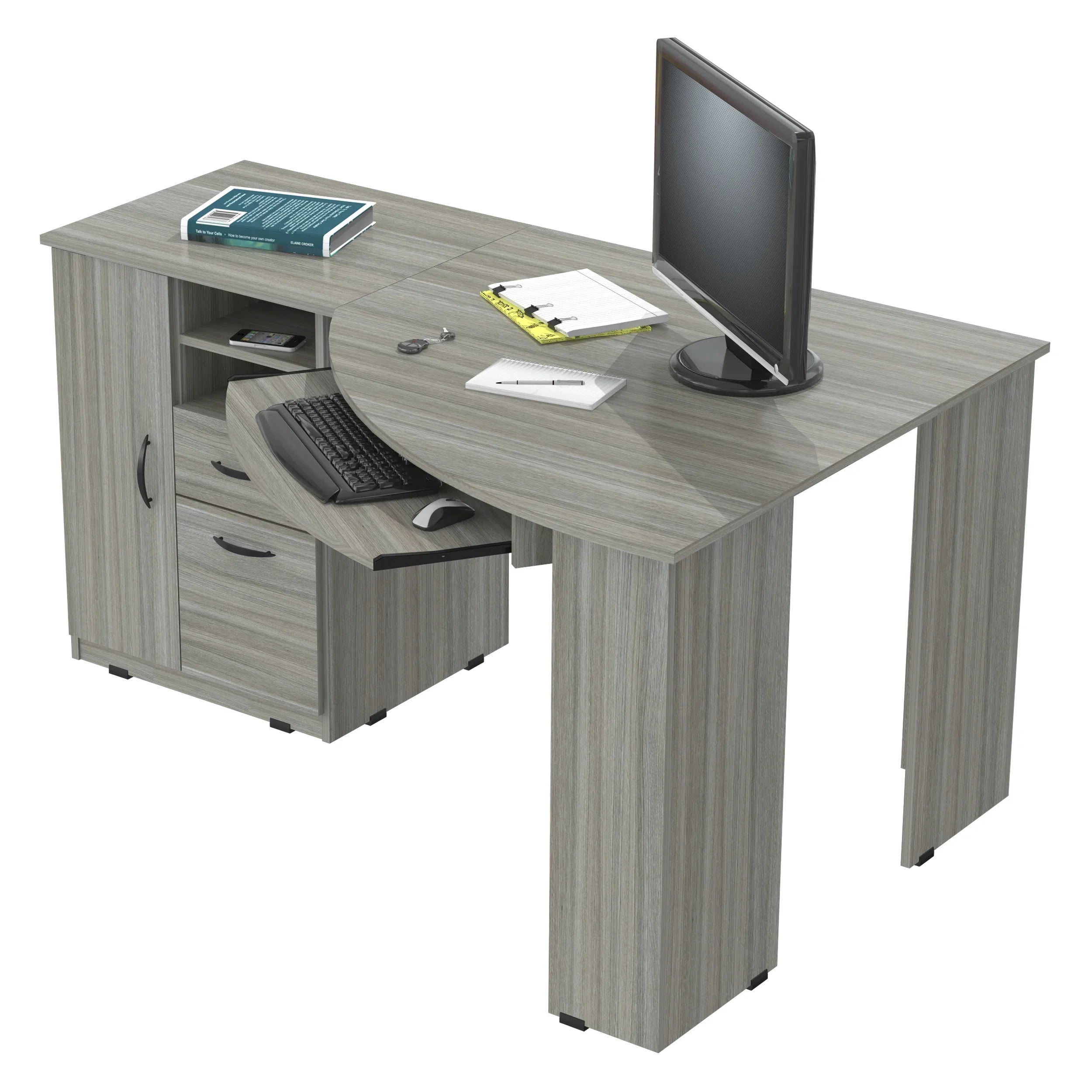 2026 New Inval Modern Corner Desk with 2 Drawers and Cabinet, Washed Oak - Image 11