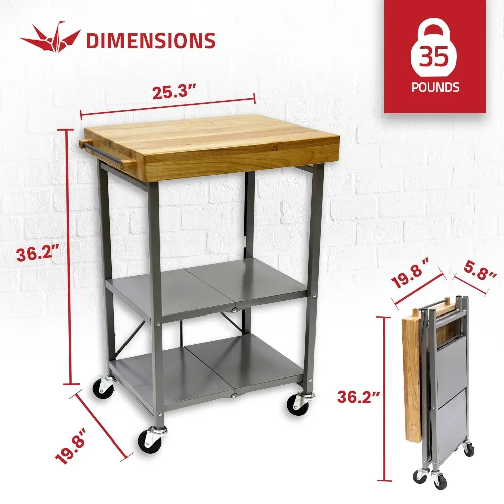 2026 New Origami Foldable Wheeled Portable Solid Wood Top Kitchen Island Bar Cart - Image 6