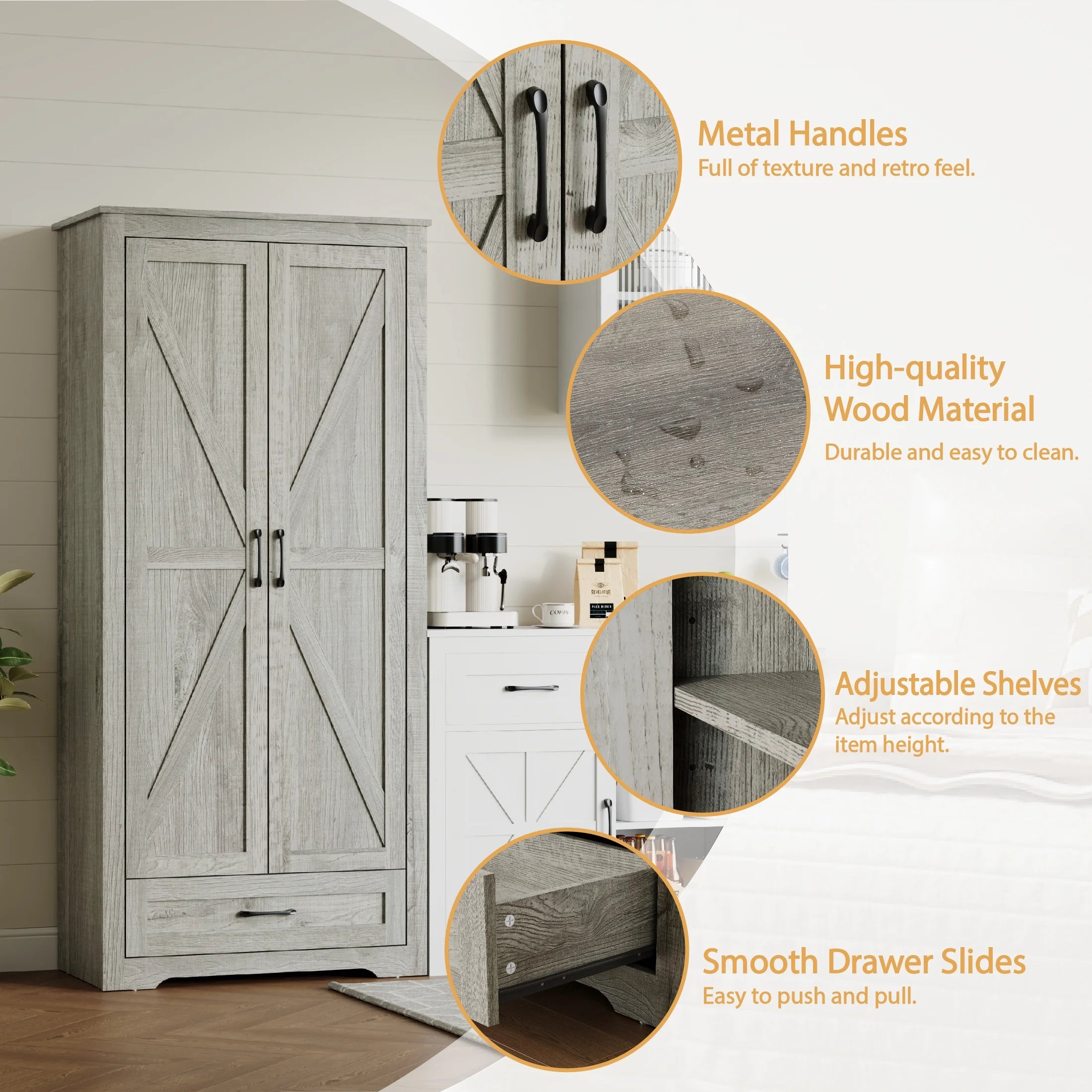 2026 New YouTrend 69" Tall Kitchen Pantry,Farmhouse Storage Cabinet with 2 Barn Doors 4 Adjustable Shelves and Large Drawer for Dining Room,Living Room,Bathroom,White - Image 14