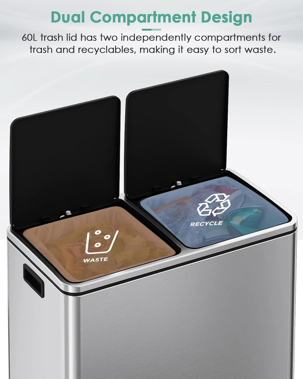 2026 New LAZY BUDDY Dual Garbage Can, Stainless Steel 16 Gallon Step Kitchen Trash Can with Soft-Close Lid, Double Compartment Garbage Recycling Bin - Image 21