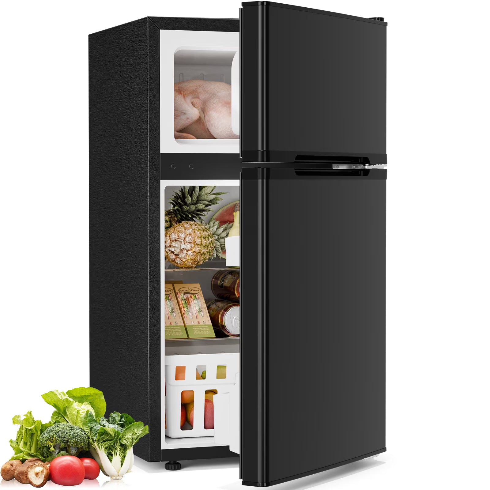 2026 New FREE VILLAGE Compact Refrigerator with Freezer,2 Door Mini Fridge,Adjustable Shelf,Small Fridge for Bedroom Office Dorm Kitchen,3.2 Cu.Ft.
