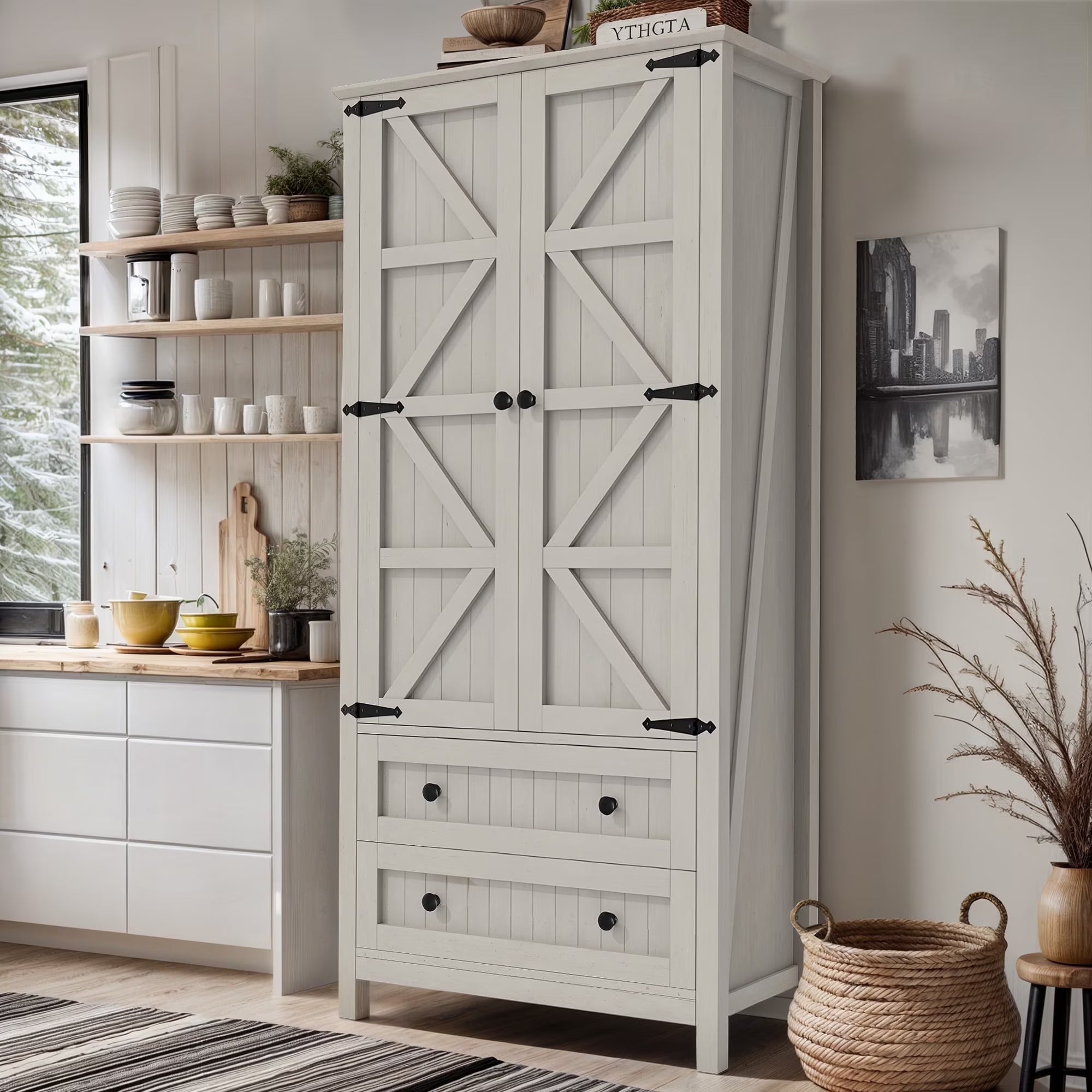 2026 New Dextrus 64.56" Tall Kitchen Pantry Cabinet with 2-Drawer and Adjustable Shelves, White Oak
