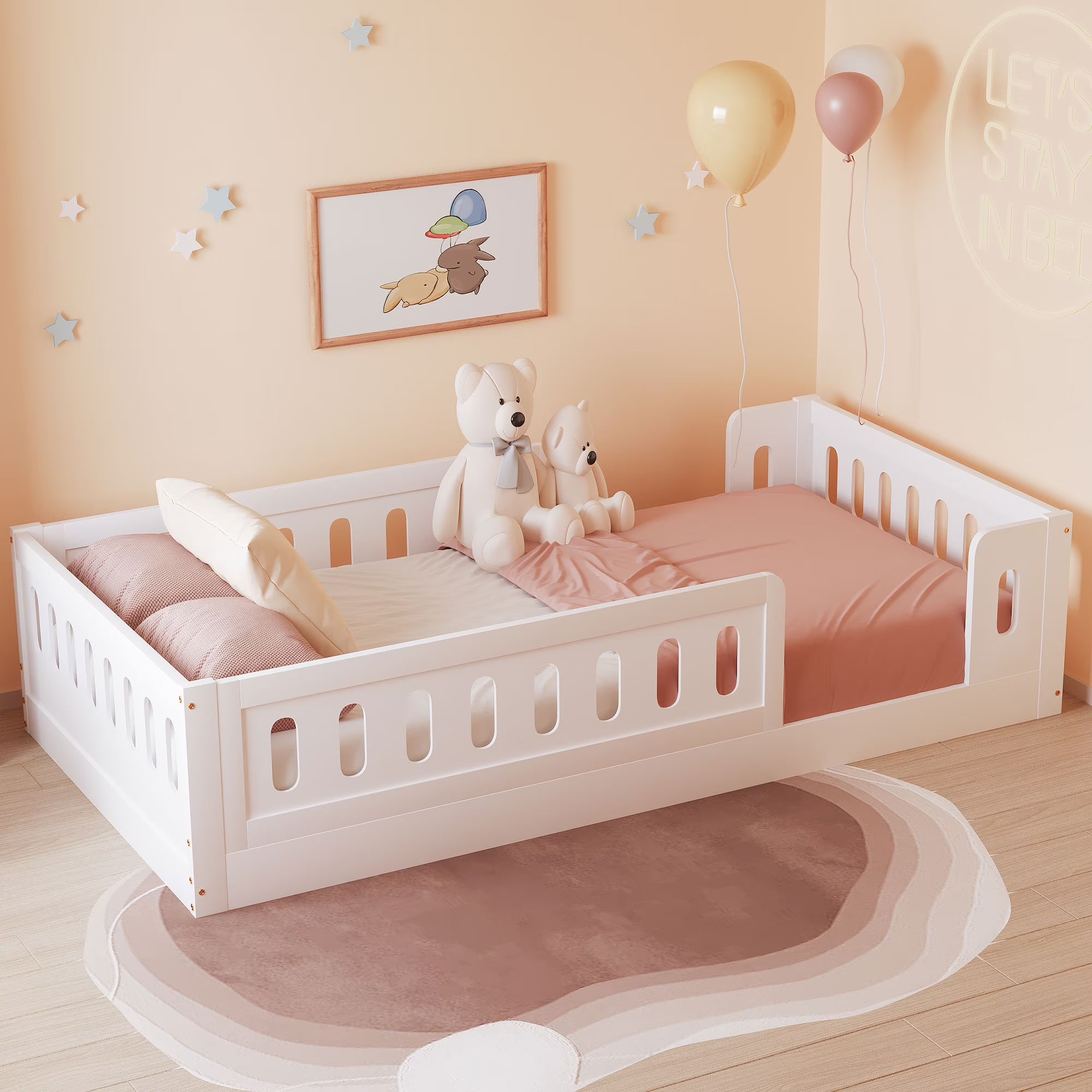 2026 New Euroco Wood Twin Size Platform Bed with Guardrail for Toddler and Kids