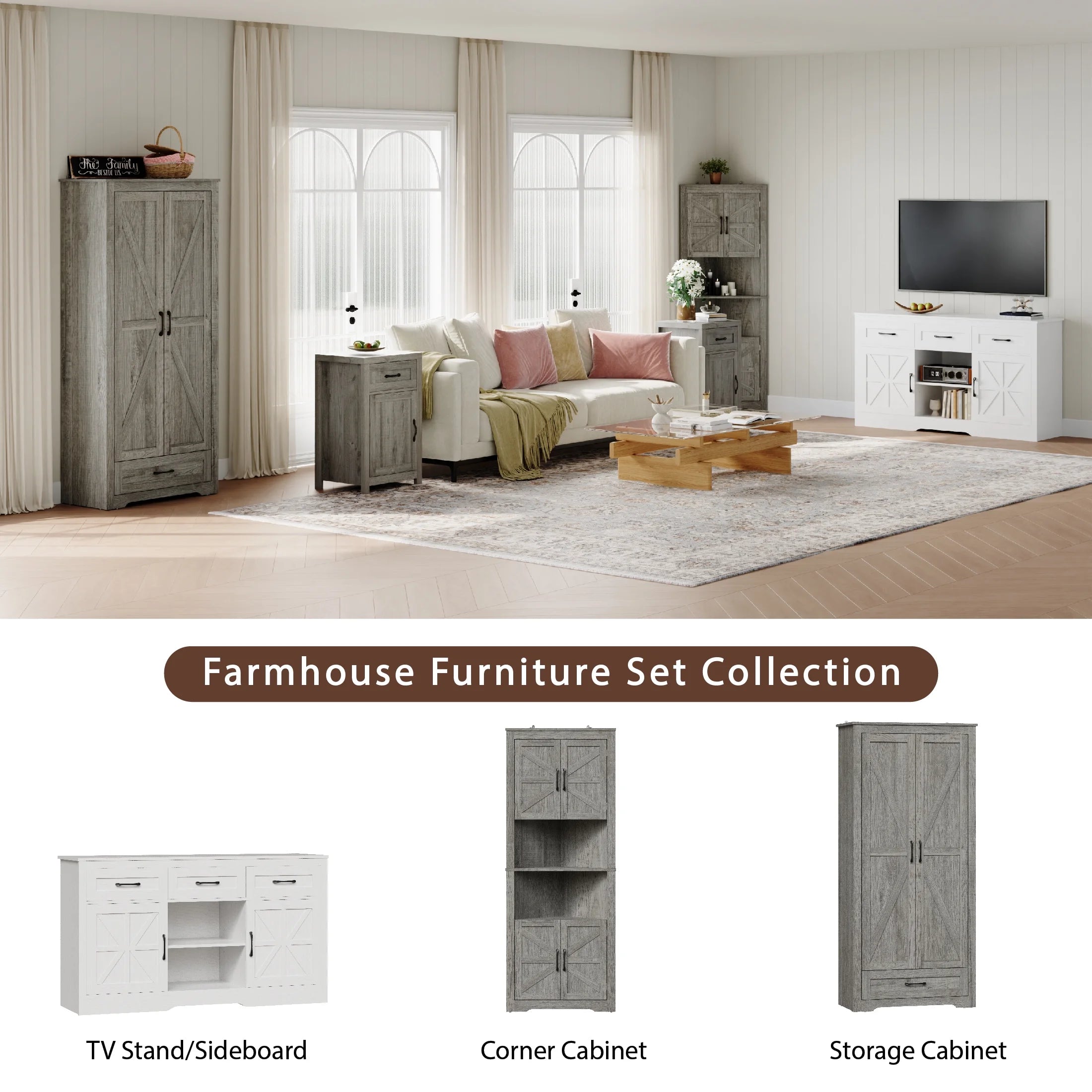 2026 New YouTrend 69" Tall Kitchen Pantry,Farmhouse Storage Cabinet with 2 Barn Doors 4 Adjustable Shelves and Large Drawer for Dining Room,Living Room,Bathroom,White - Image 16