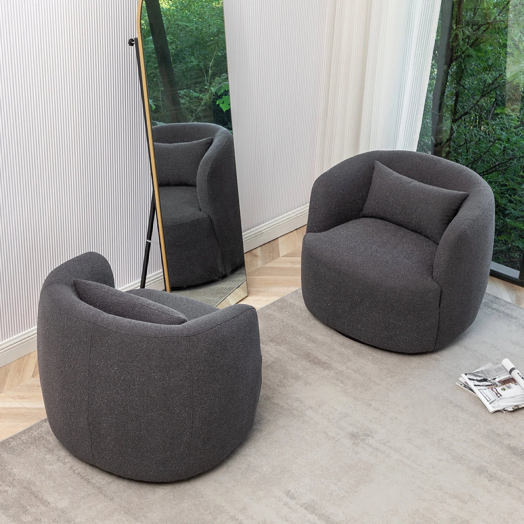 2026 New 34" Wide Boucle Swivel Barrel Chair, No Assembly Round Upholstered Armchair Accent Chair Single Sofa Chair with Toss Pillow for Living Room and Bedroom, Taupe - Image 30