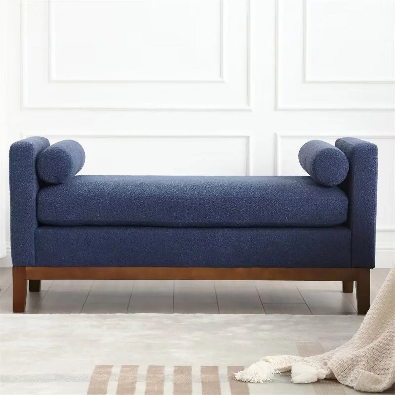 2026 New End of Bed Bench, 53.5" Boucle Fabric Upholstered Entryway Bench with Wood Legs & Bolster Pillows, Rolled Arm Cushioned Ottoman Foot Rest Long Stool Window Extra Seating for Bedroom, Ivory - Image 20