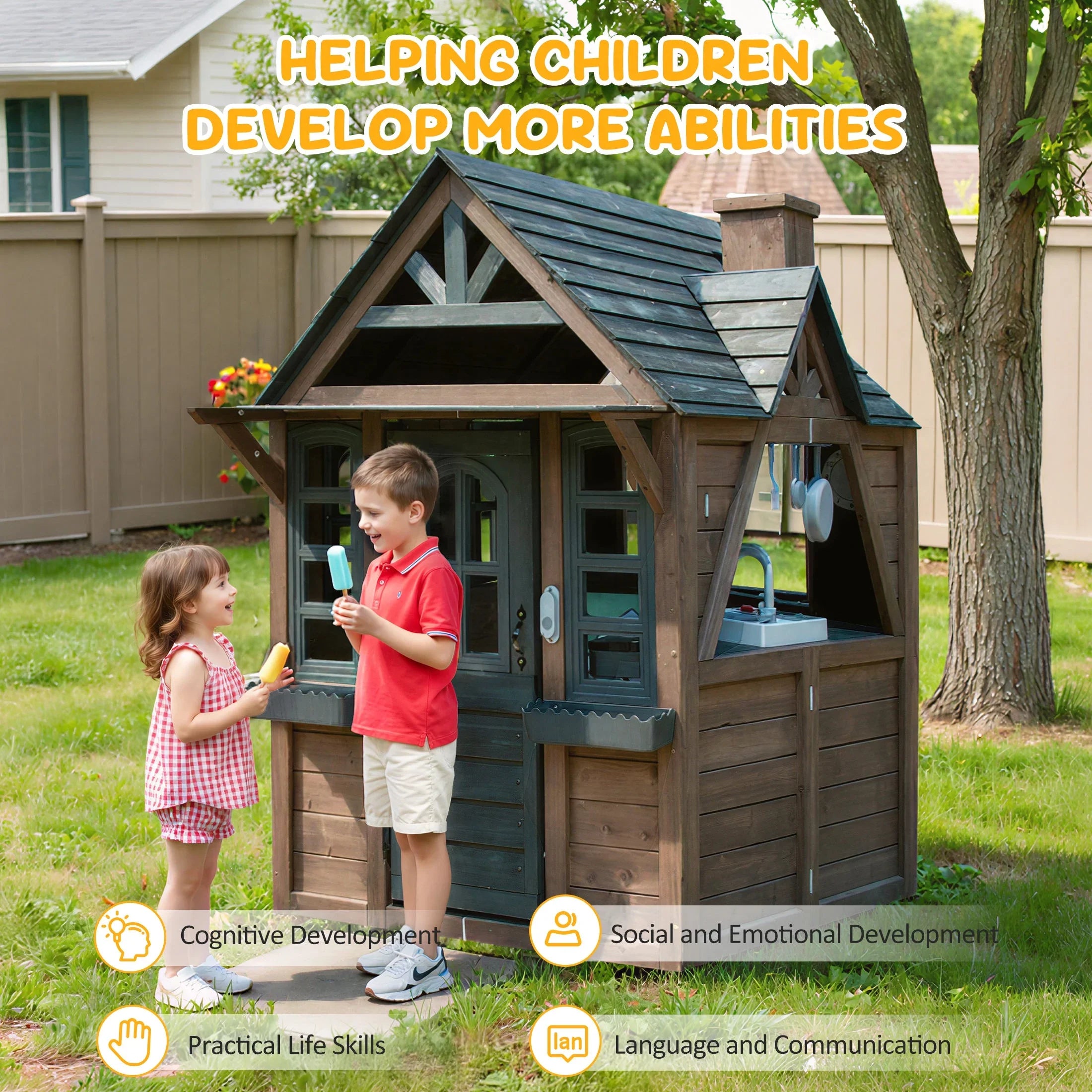 2026 New COCLUB Outdoor Playhouse for Kids Ages 4-8, Wooden Play House with Doorbell, Phone, Kitchen Toys, Outdoor Kids Play Equipment, Casa Para Niñas (45”L x 65”H), White & Black - Image 22
