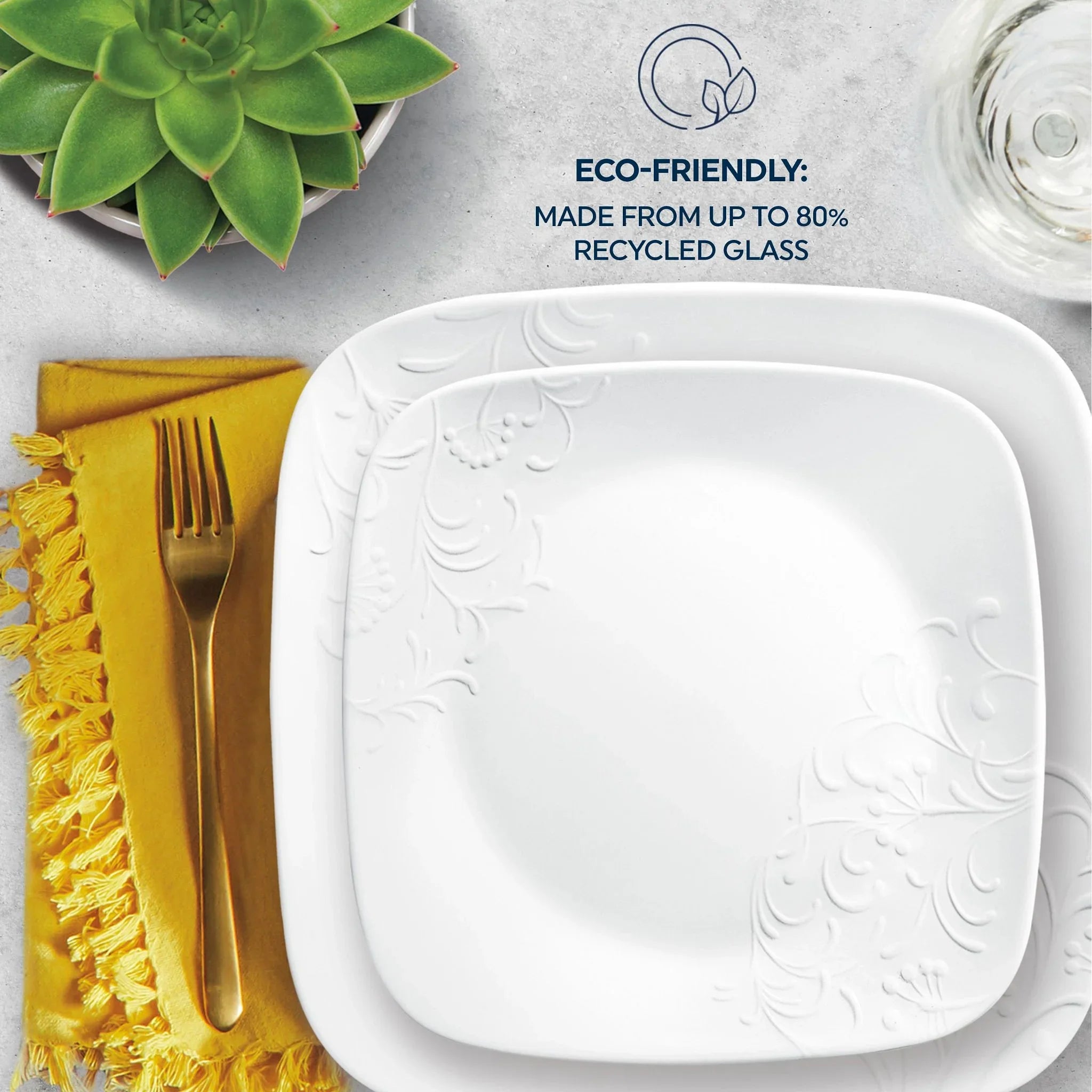 2026 New Corelle Cherish 16-Piece Embossed Square Glass Dinnerware Set (Service for 4) - Image 4