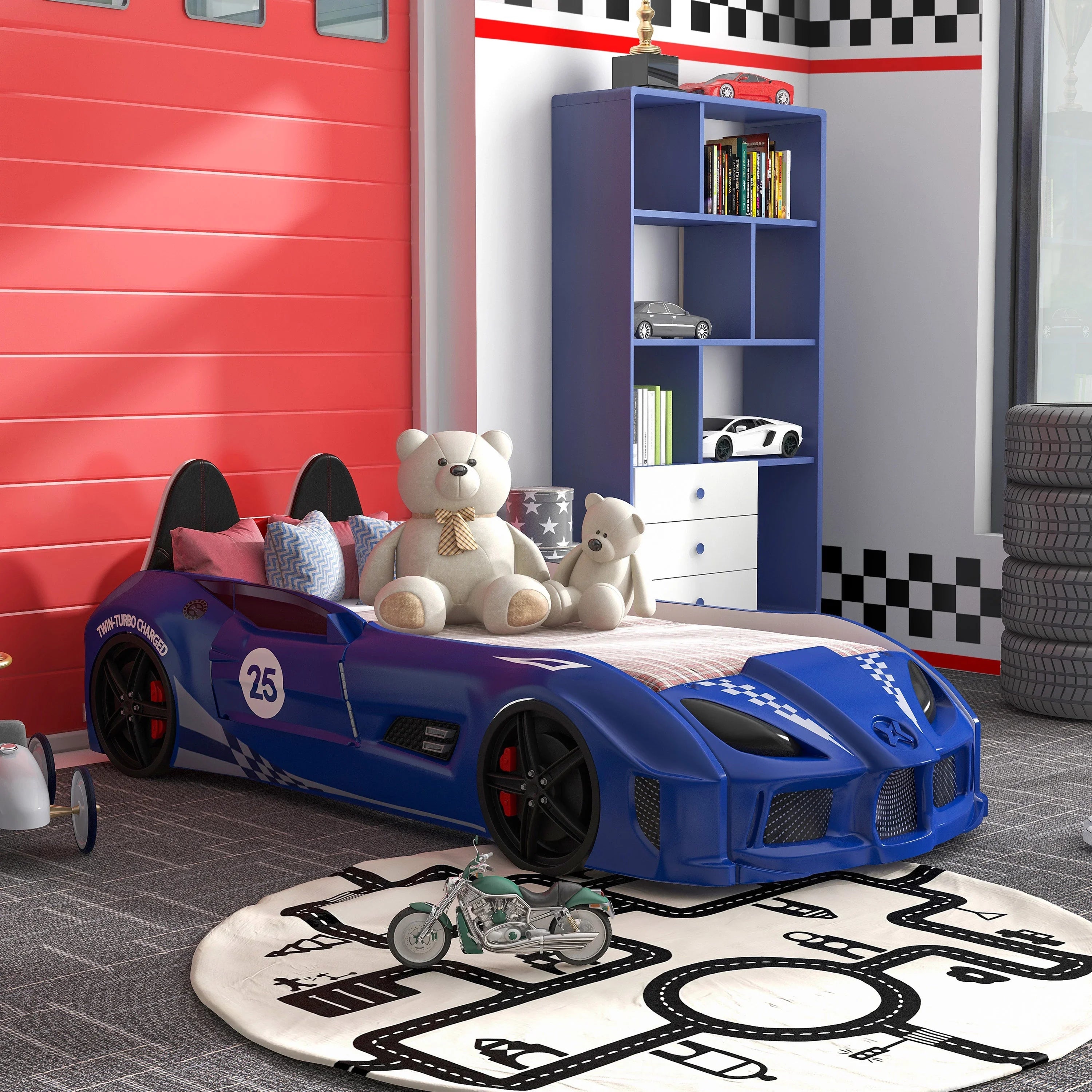2026 New Furniture of America Dash Kids Plastic Twin Race Car Bed with LED and Sound, White - Image 41