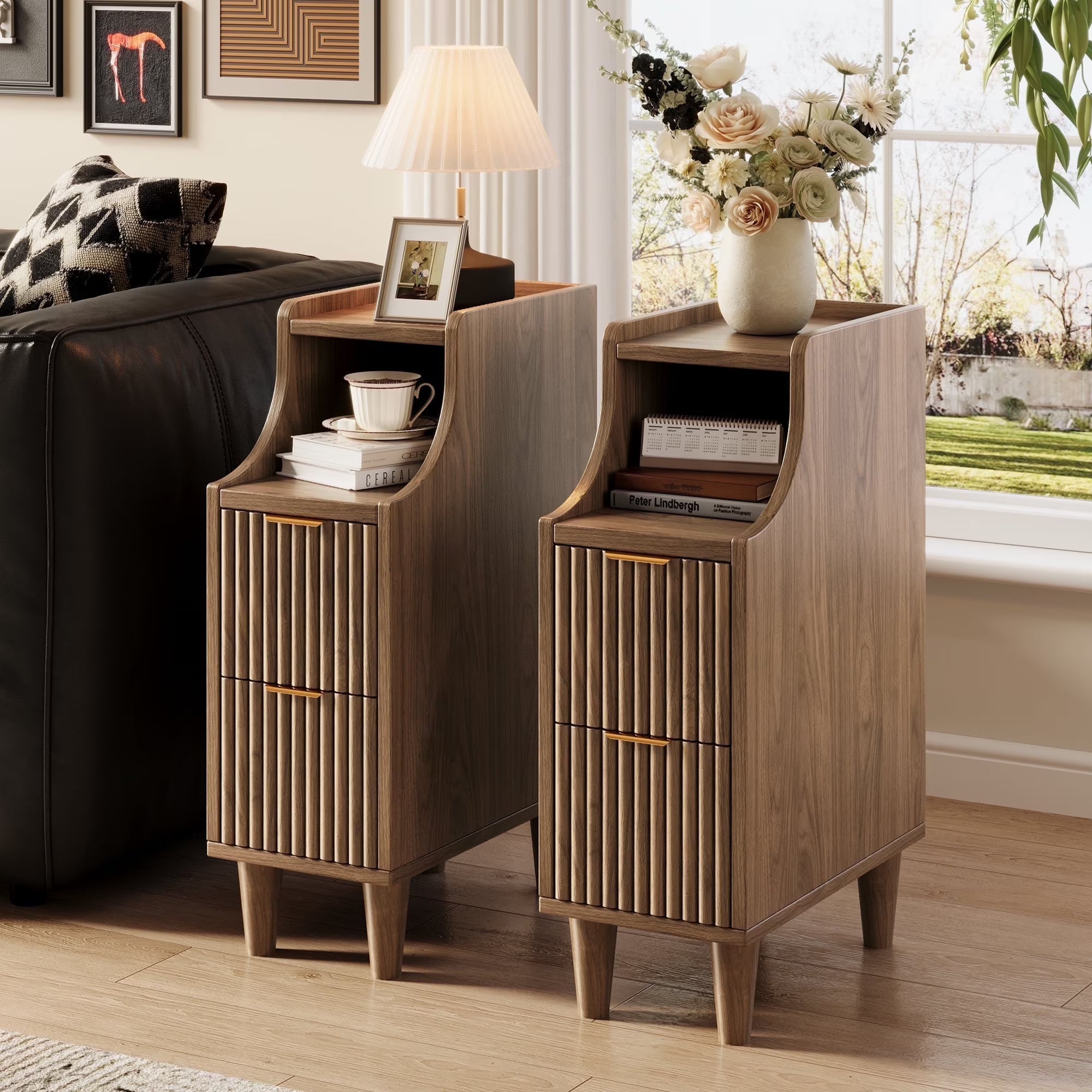 2026 New UGTOO 24.4"Tall Walnut Finish 2PC Bedside Table Set with 2 Large Drawers & Top Storage Space Open Shelf, Sturdy Wood Legs, Vintage Cabinet Nightstand for Bedroom with Metal Handle