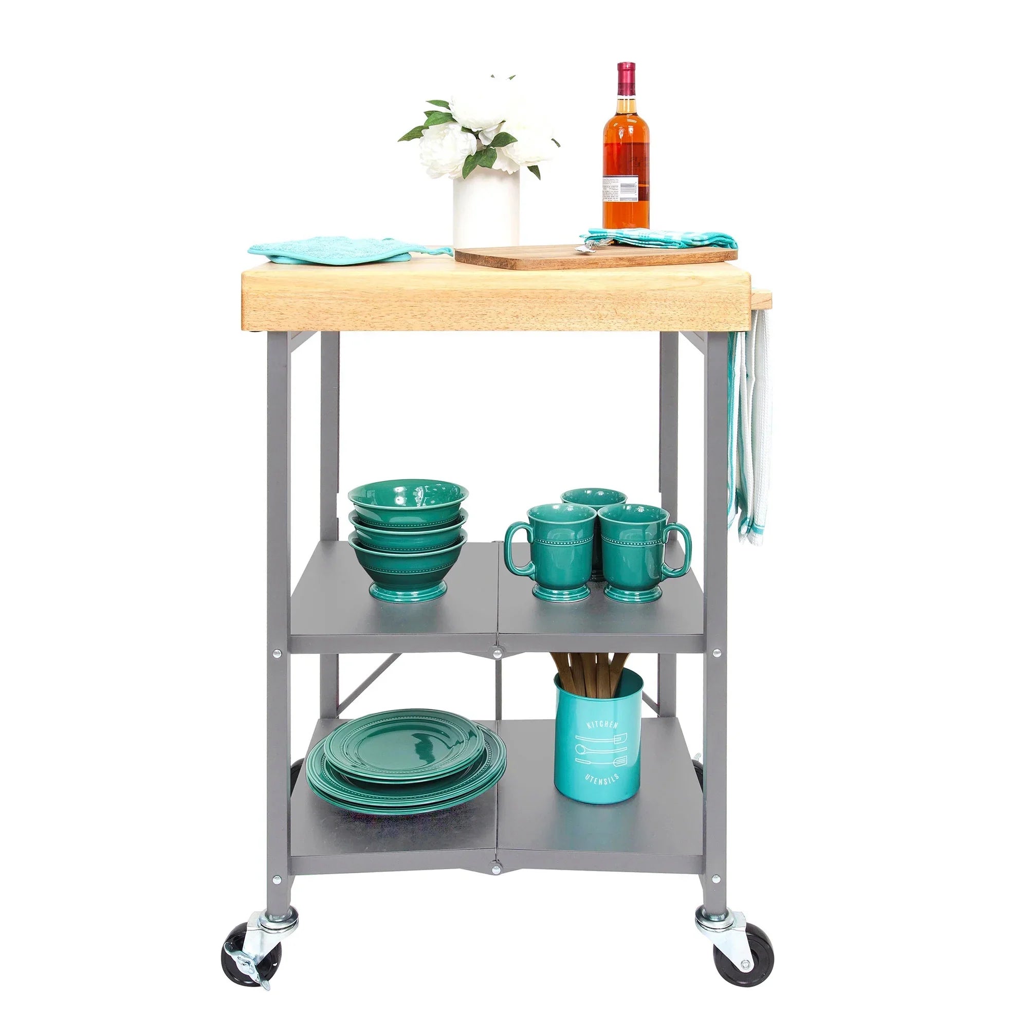 2026 New Origami Foldable Wheeled Portable Solid Wood Top Kitchen Island Bar Cart - Image 8