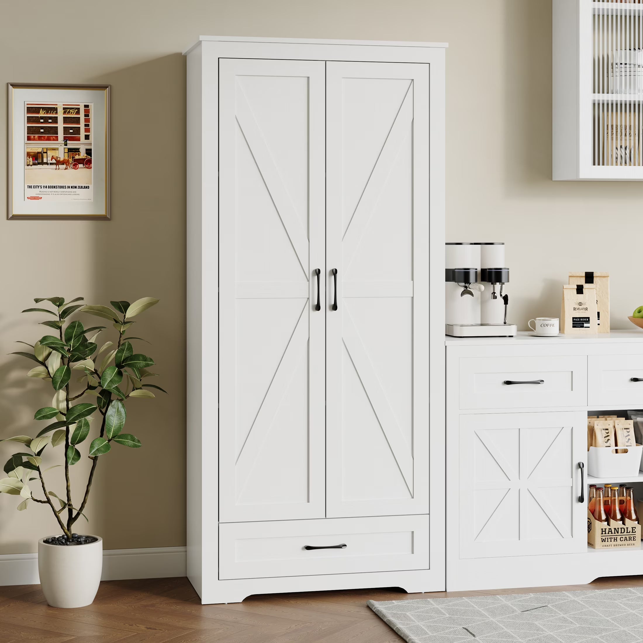 2026 New YouTrend 69" Tall Kitchen Pantry,Farmhouse Storage Cabinet with 2 Barn Doors 4 Adjustable Shelves and Large Drawer for Dining Room,Living Room,Bathroom,White