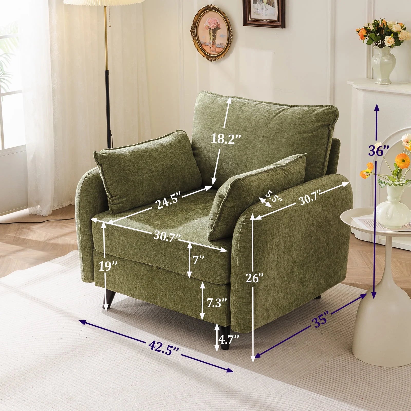 2026 New Rexulqo Oversized Accent Chair with All Seats Storage,Comfy Living Room Chairs with 2 Throw Pillow,Upholstered Mid-Century Armchair,24.5'' Deep Seat,Reading Chair For Bedroom,Office,Chenille,Green - Image 4