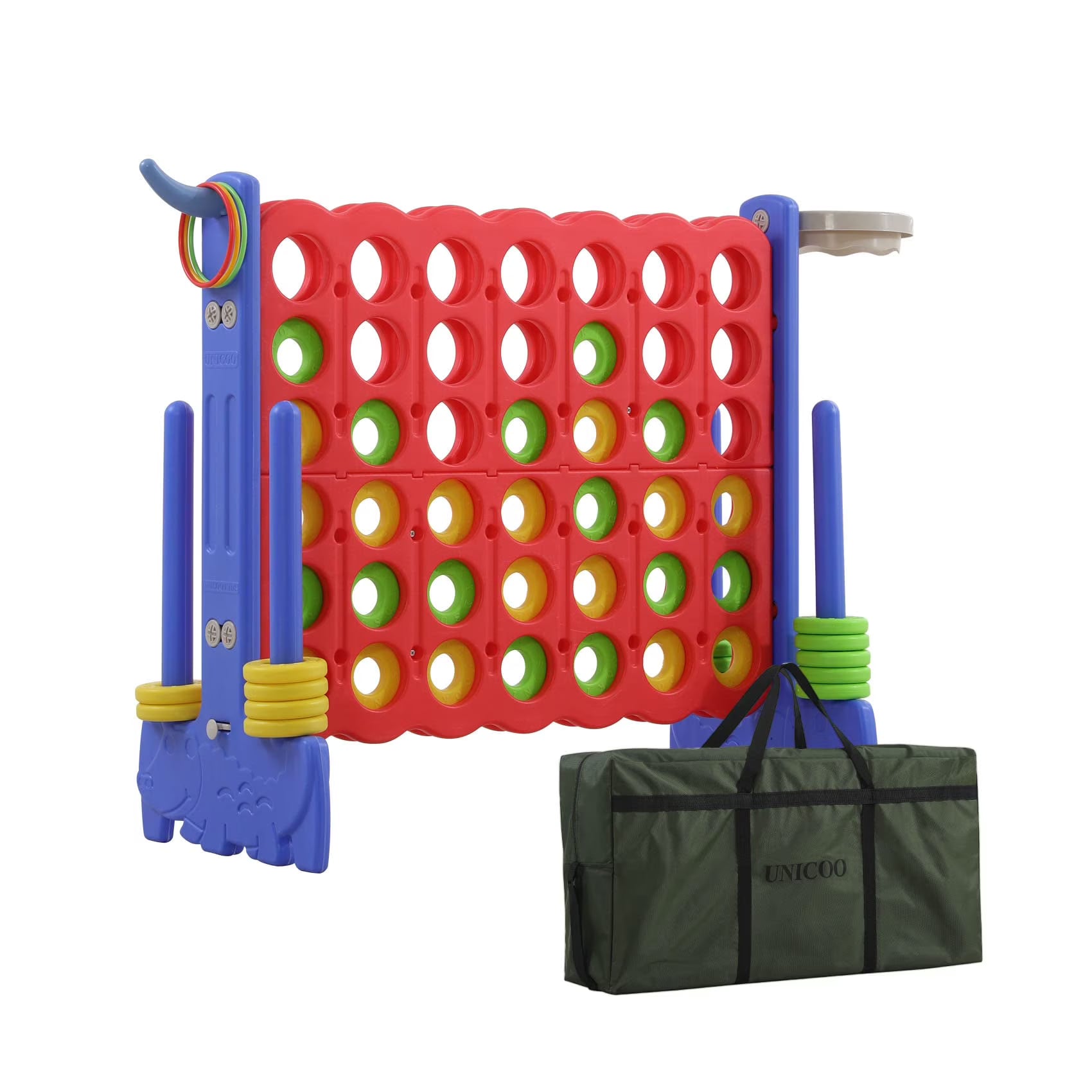 2026 New UNICOO® 3-in-1 Giant 4 in A Row Game, Featuring Basketball Hoop, Ring Toss Game & 4-to-Score Game. Perfect for Kids & Adults, Parties & Gatherings with Carrying Bag (Red + Blue)