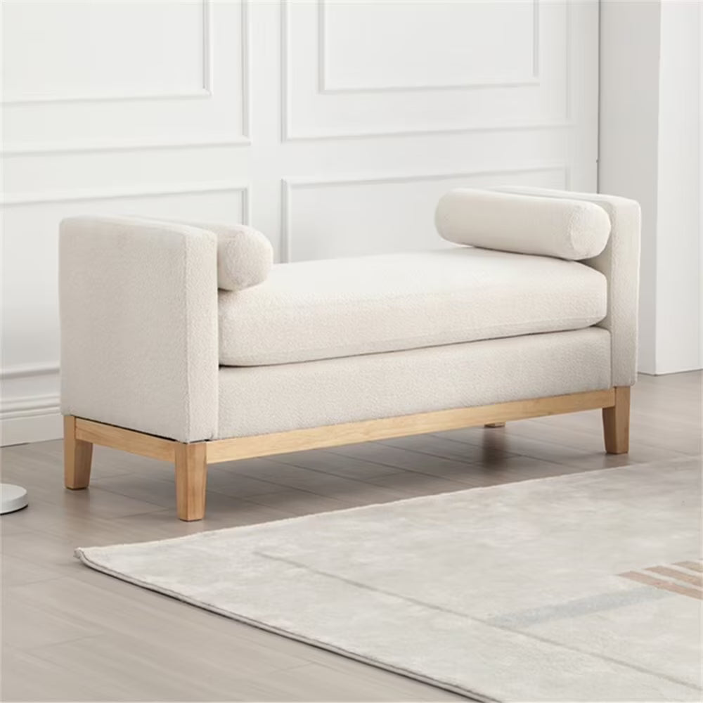 2026 New End of Bed Bench, 53.5" Boucle Fabric Upholstered Entryway Bench with Wood Legs & Bolster Pillows, Rolled Arm Cushioned Ottoman Foot Rest Long Stool Window Extra Seating for Bedroom, Ivory