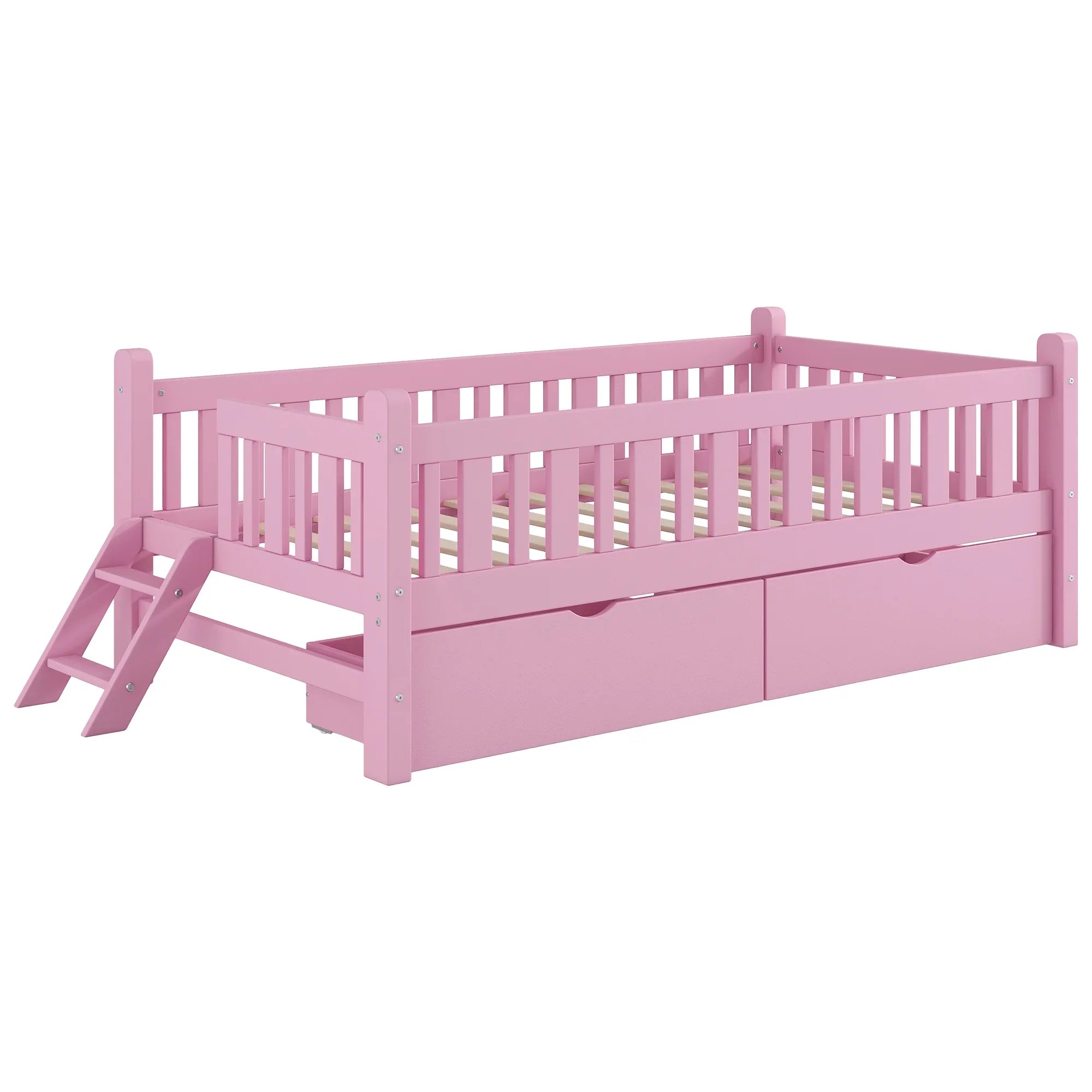 2026 New Euroco Wood Twin Size Platform Bed with 2 Drawers and Ladder for Kids and Toddlers, White - Image 18