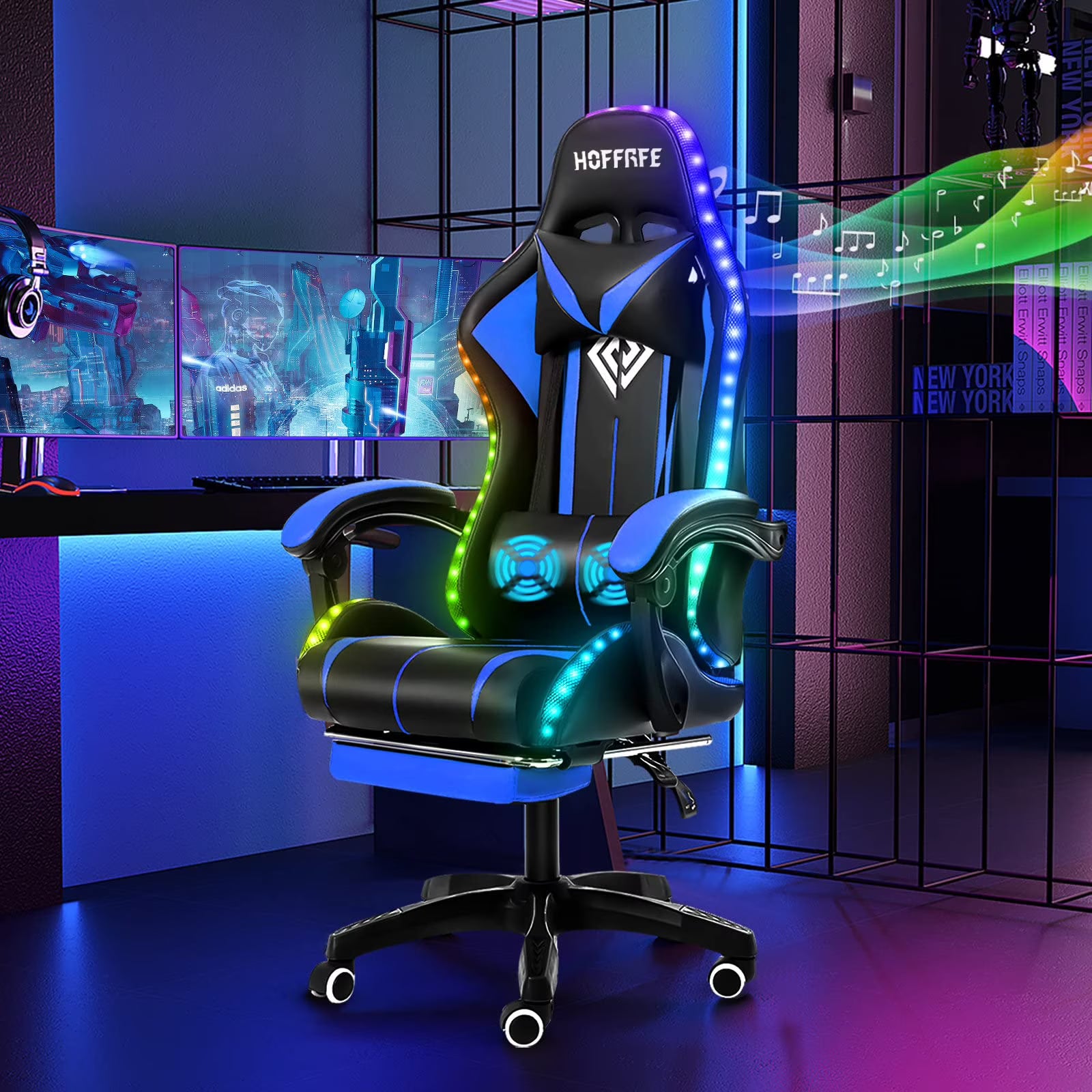 2026 New RGB Gaming Chair with Speakers Massage Computer Gaming Chair with LED Lights and Footrest High Back Video Game Chair for Adults Blue and Black