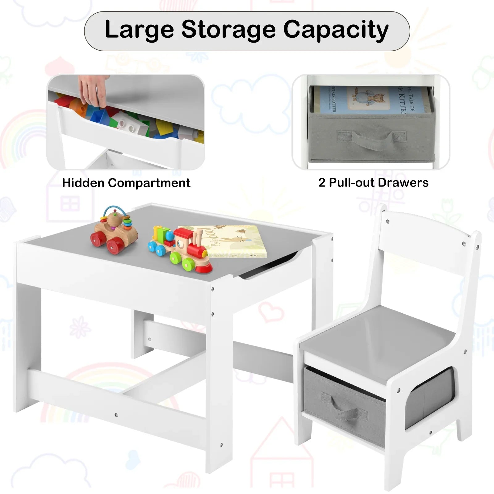 2026 New LINLUX Kids Table and 2 Chairs Set, Children Activity Table Chairs with Chalkboard/Whiteboard, Grey - Image 5
