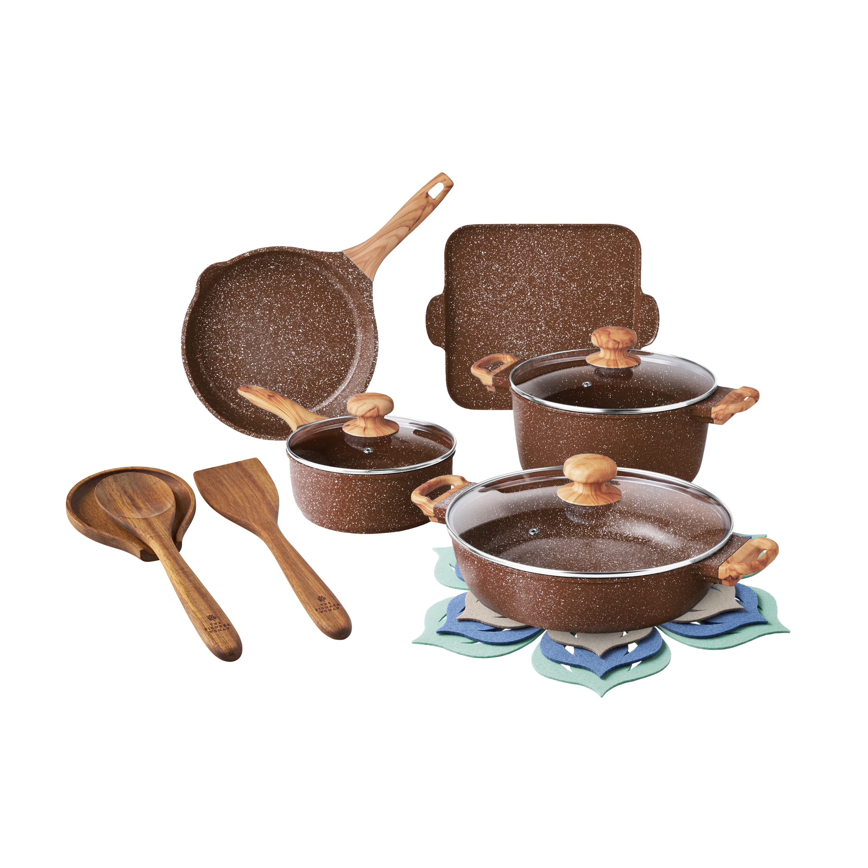 2026 New The Pioneer Woman Prairie Signature 14-Piece Cast Aluminum Cookware Set, Brown Speckle