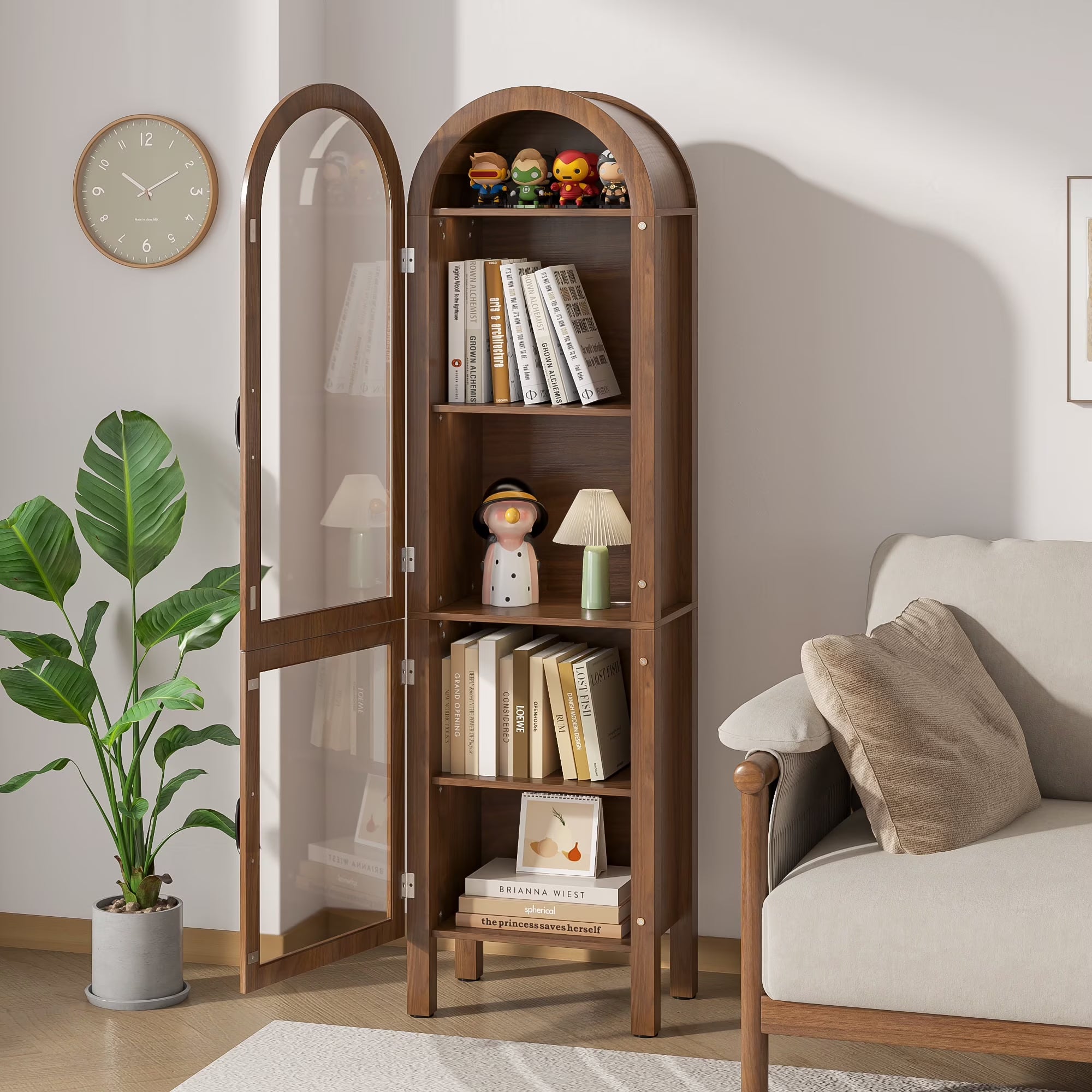 2026 New Fiogmub Tall Arched Storage Display Cabinet, Arched Pantry Cabinet with Doors, Acrylic Glass Doors