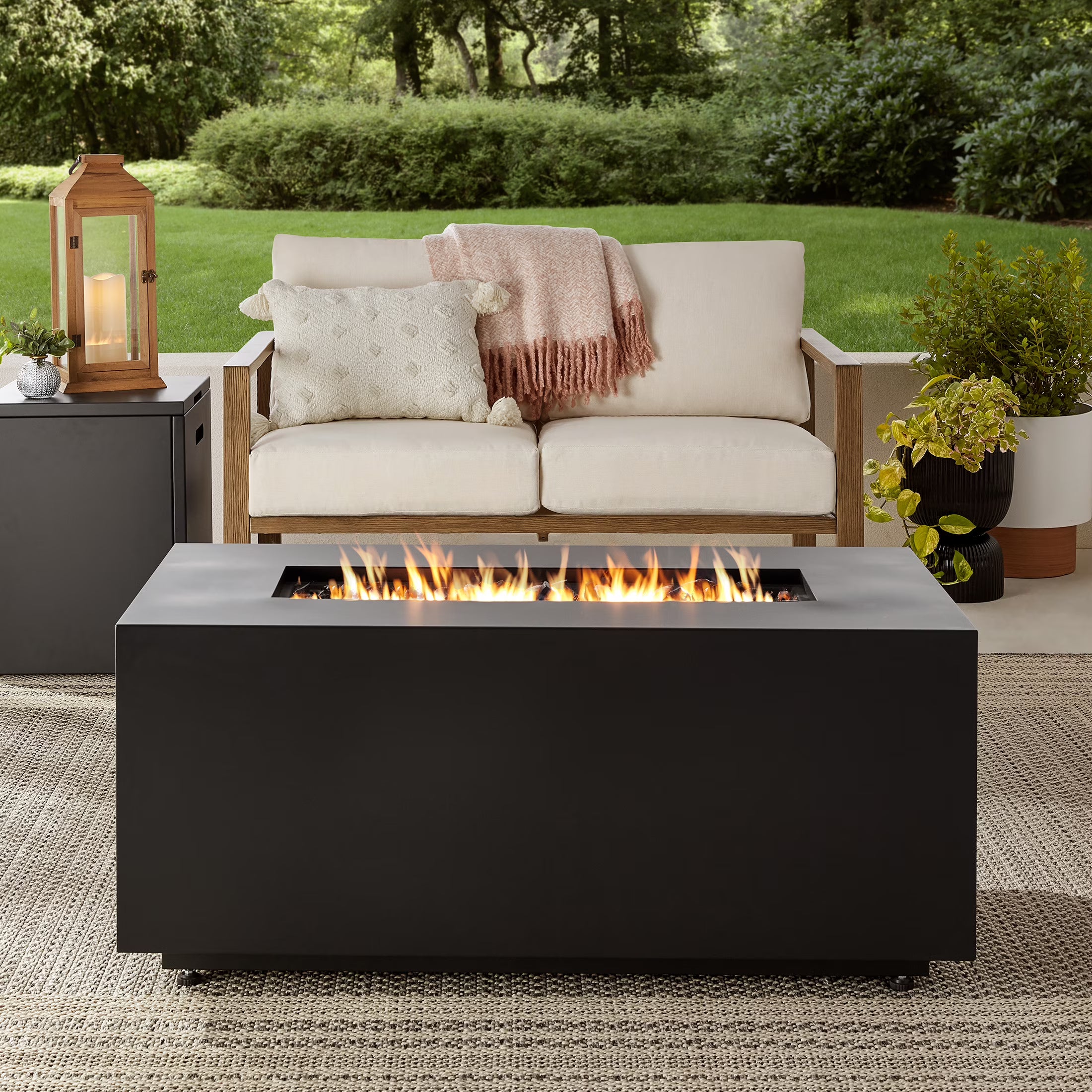 2026 New Mainstays 42" Rectangle Black Finish Modern Steel Fire Pit: 42" x 20" 50000 BTU Propane Fire Pit Table with Lid, Tank Hideaway and Cover
