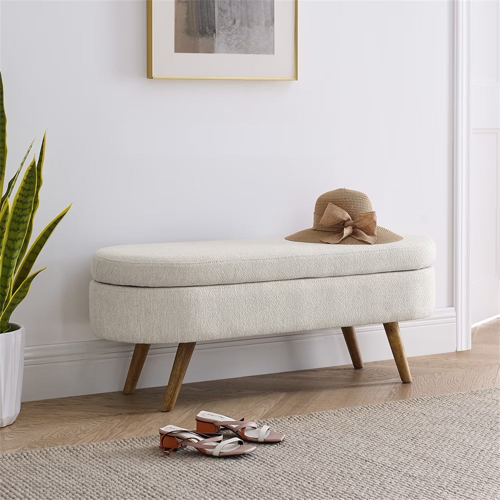 2026 New 43.5" Oval Storage Ottoman Bench with Solid Wood Legs, Linen Fabric Upholstered Entryway Bench with Safety Hinge, Indoor Bench for End of Bed, Sofa Side, Entryway