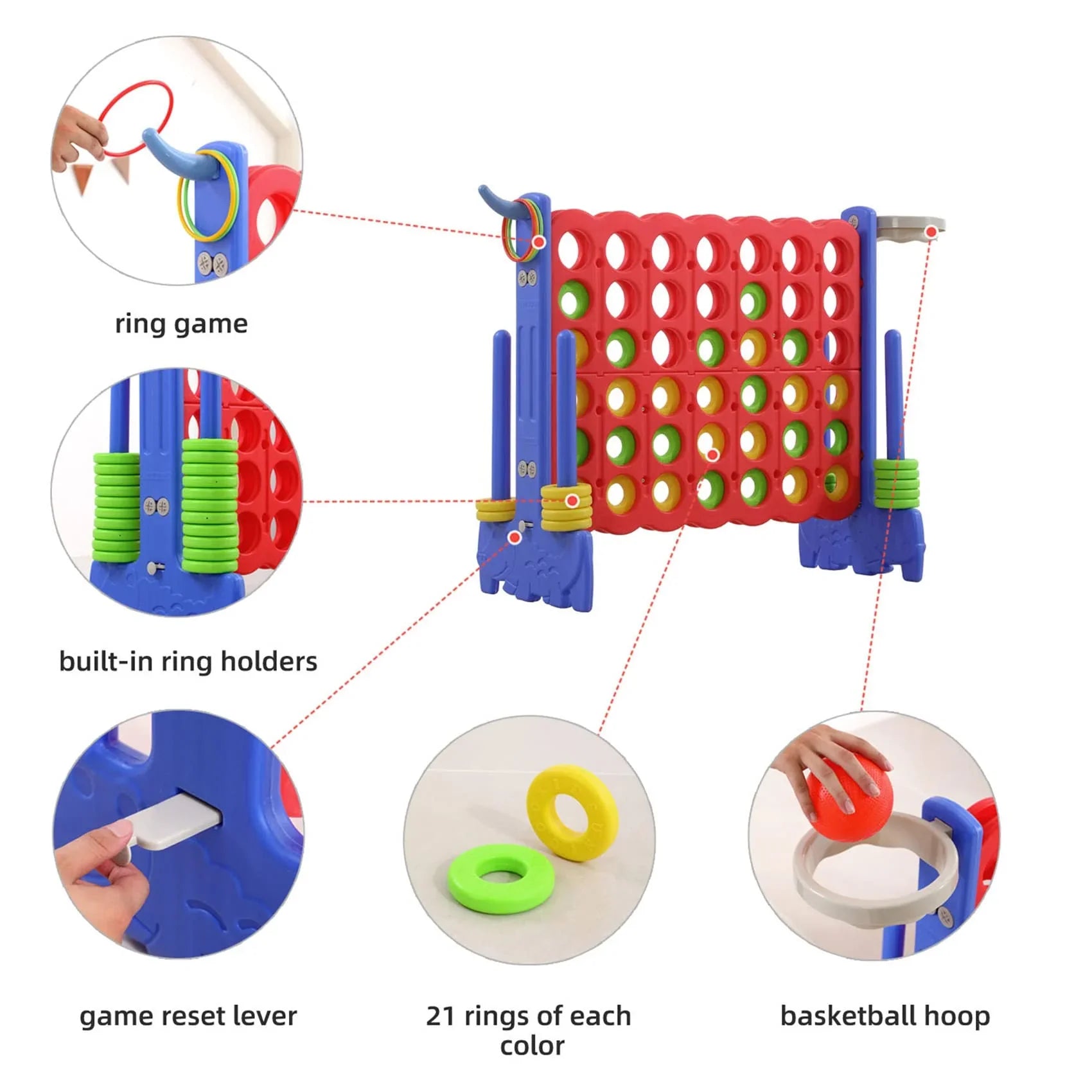 2026 New UNICOO® 3-in-1 Giant 4 in A Row Game, Featuring Basketball Hoop, Ring Toss Game & 4-to-Score Game. Perfect for Kids & Adults, Parties & Gatherings with Carrying Bag (Red + Blue) - Image 8
