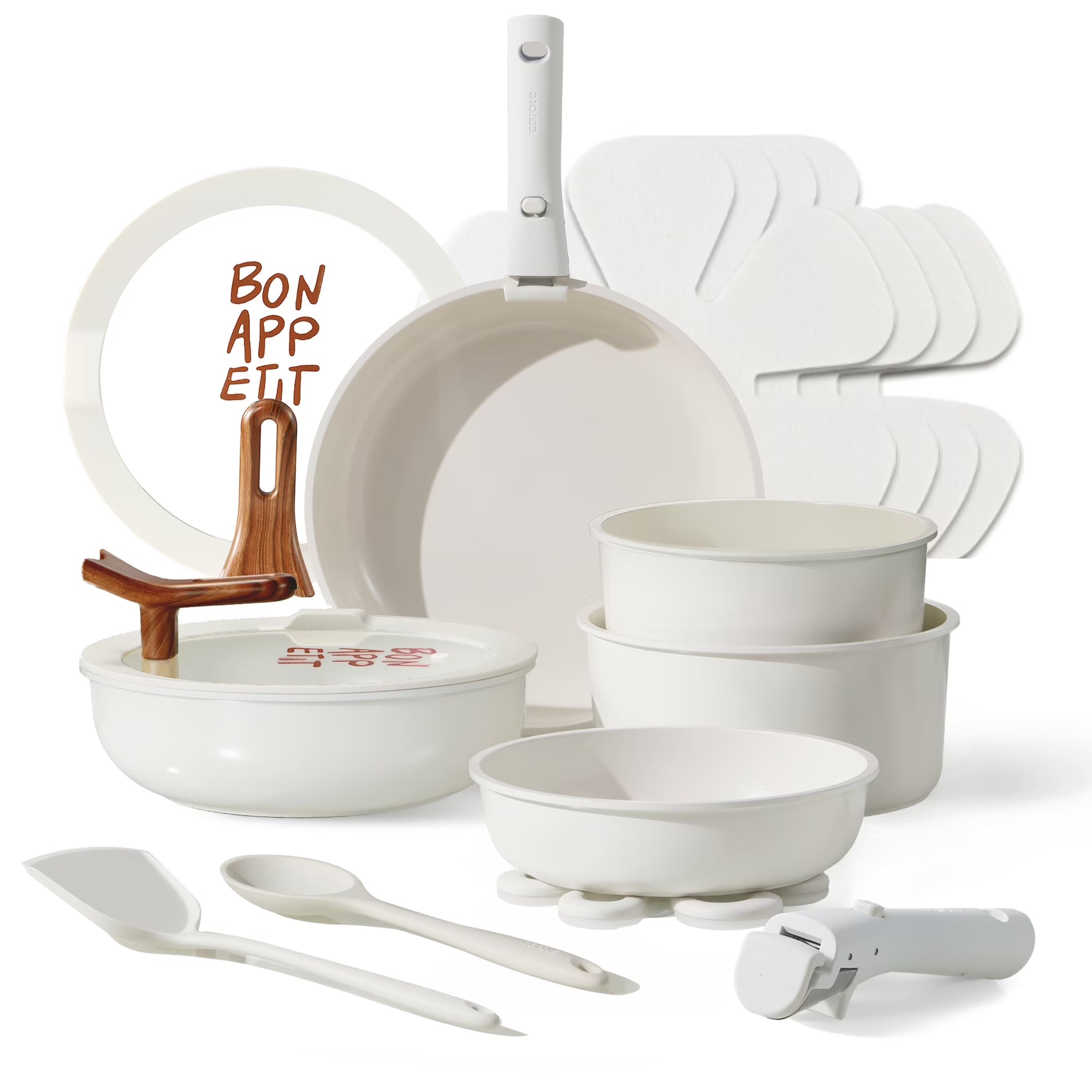 2026 New Carote 18 Pcs Ceramic Nonstick Cookware Set, Pots and Pans Set with Detachable Handles, Oven/Dishwasher Safe, Stackable Kitchen Cooking Set, White