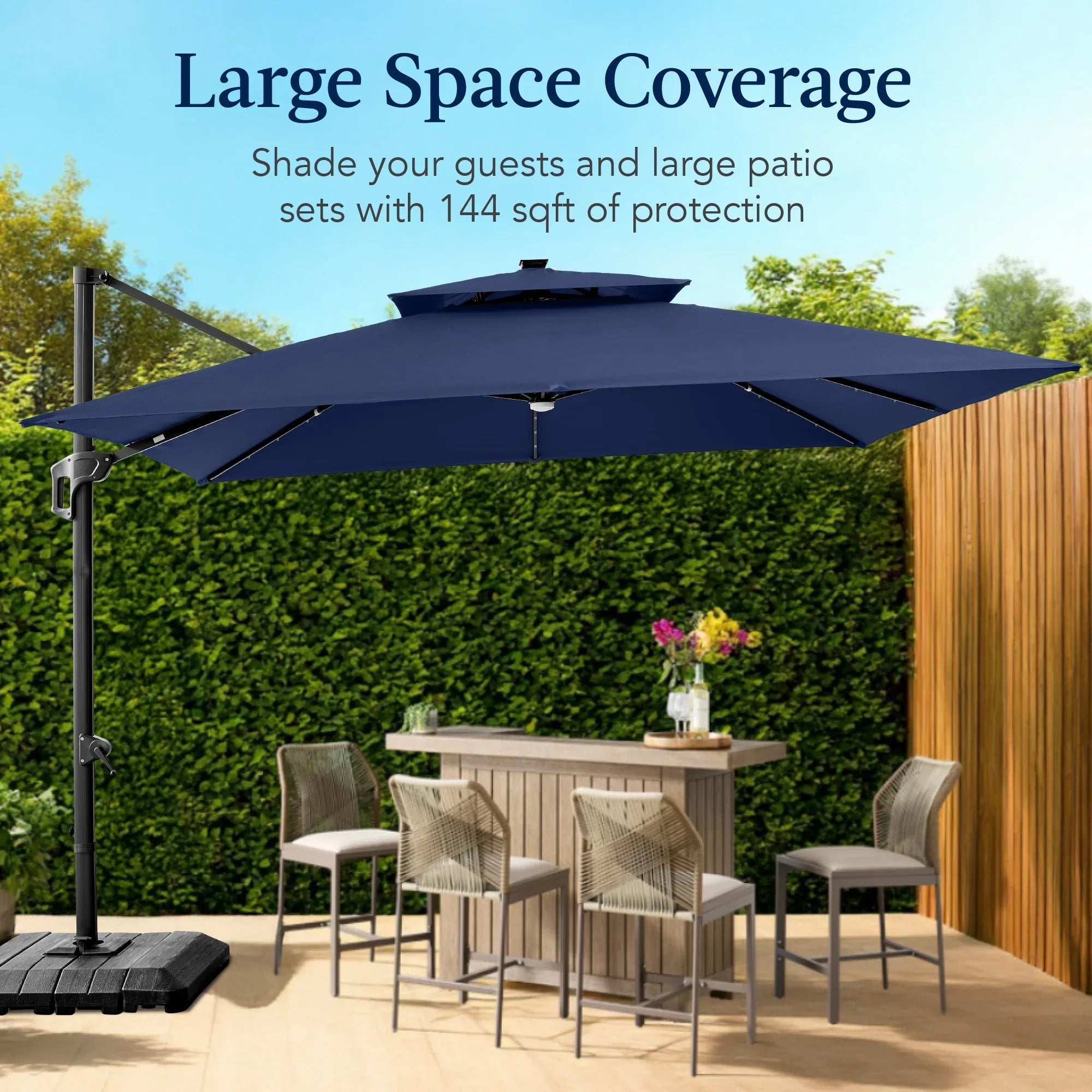 2026 New Best Choice Products 12x12ft 2-Tier Square Outdoor Solar LED Cantilever Umbrella w/ 360-Rotating Base Navy Blue - Image 4