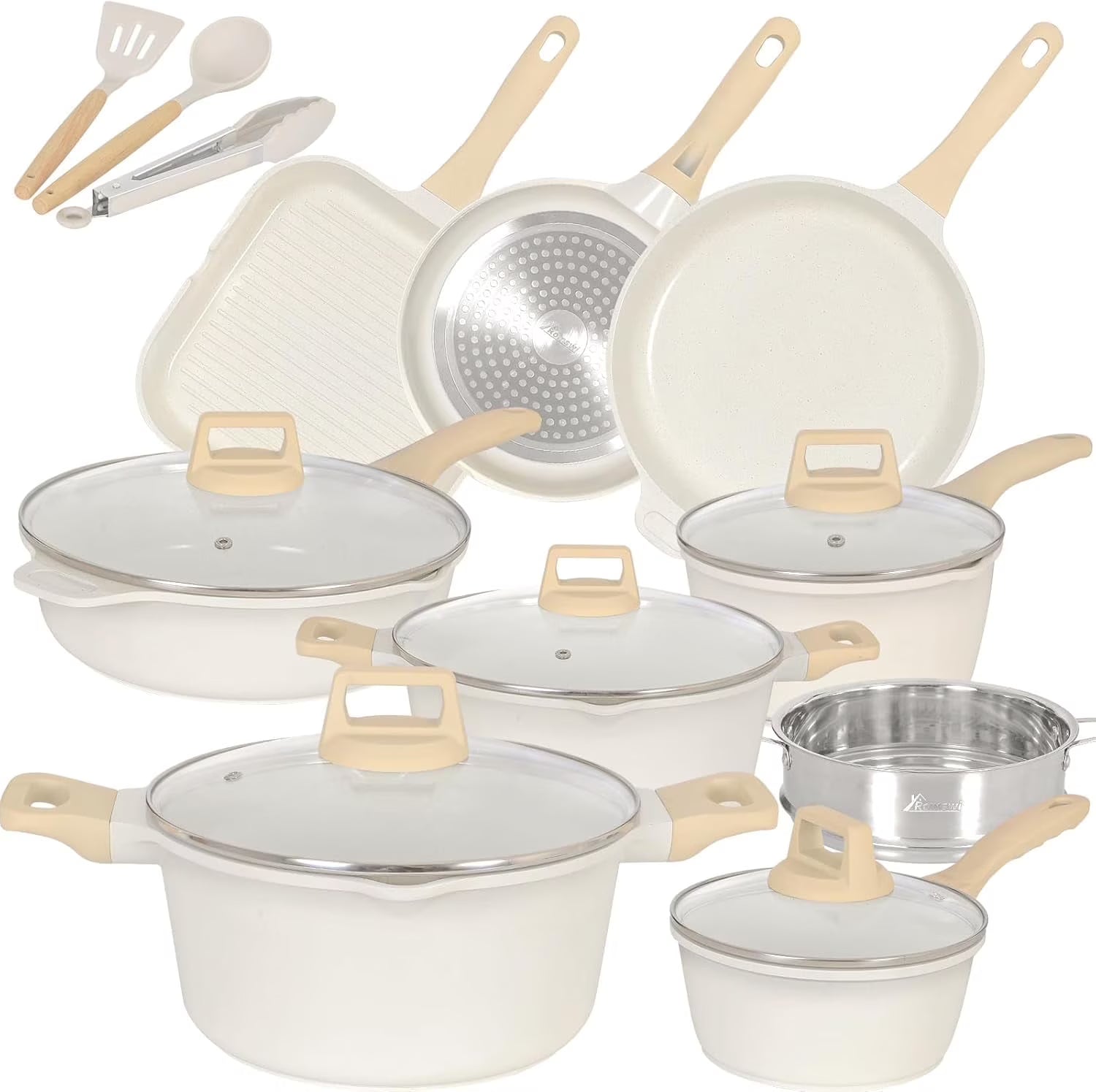 2026 New Romswi Nonstick Pots and Pans Set, 23 Piece Induction Cookware Sets Non-stick Ceramic Kitchen Sets with Utensil, Green - Image 3