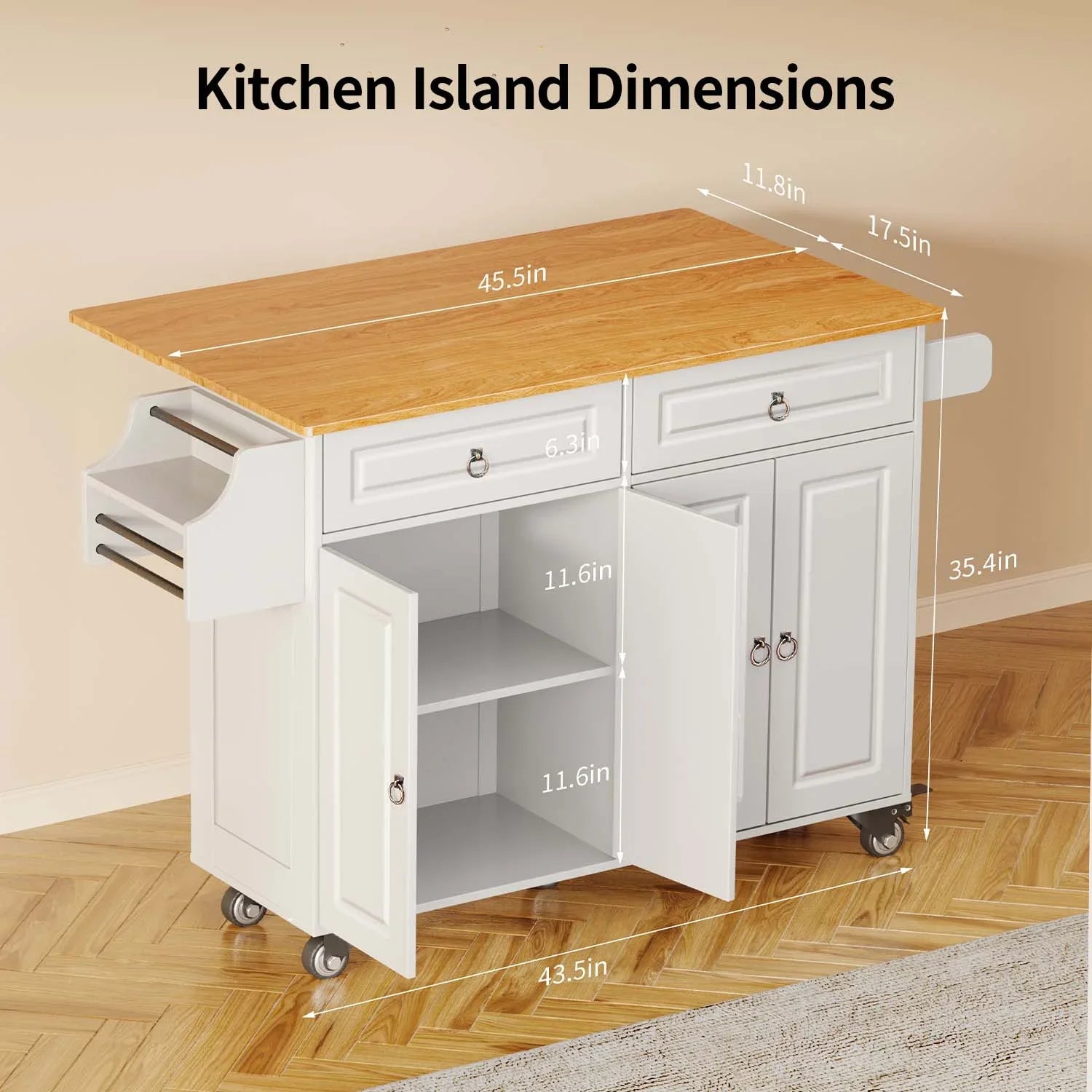 2026 New Lofka 52-Inch Kitchen Island with Storage on Wheels with Wood Drop Leaf, Ideal for Small Kitchens - Image 11
