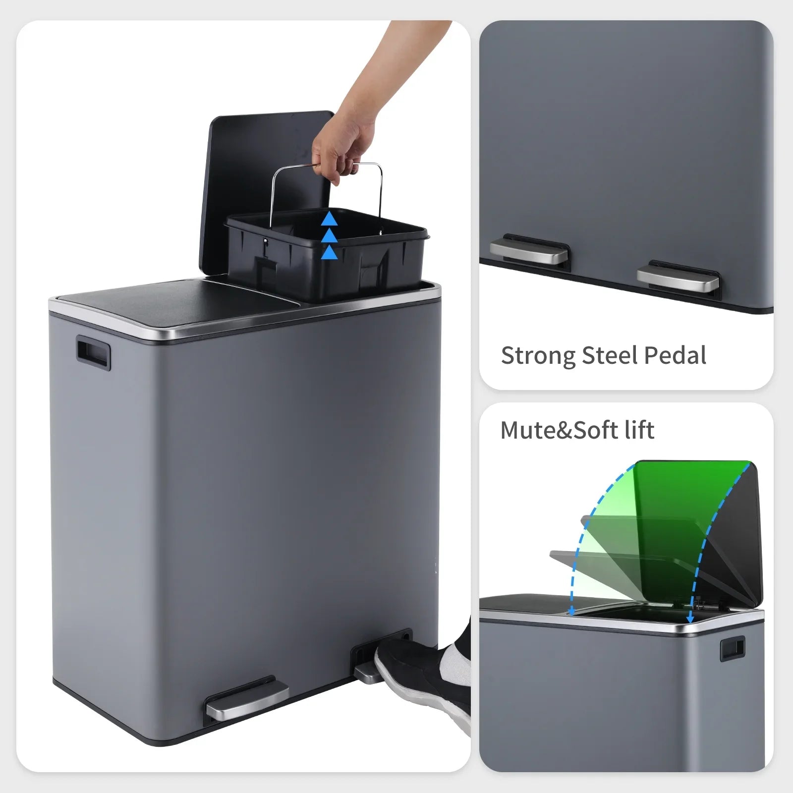 2026 New LAZY BUDDY Dual Garbage Can, Stainless Steel 16 Gallon Step Kitchen Trash Can with Soft-Close Lid, Double Compartment Garbage Recycling Bin - Image 36